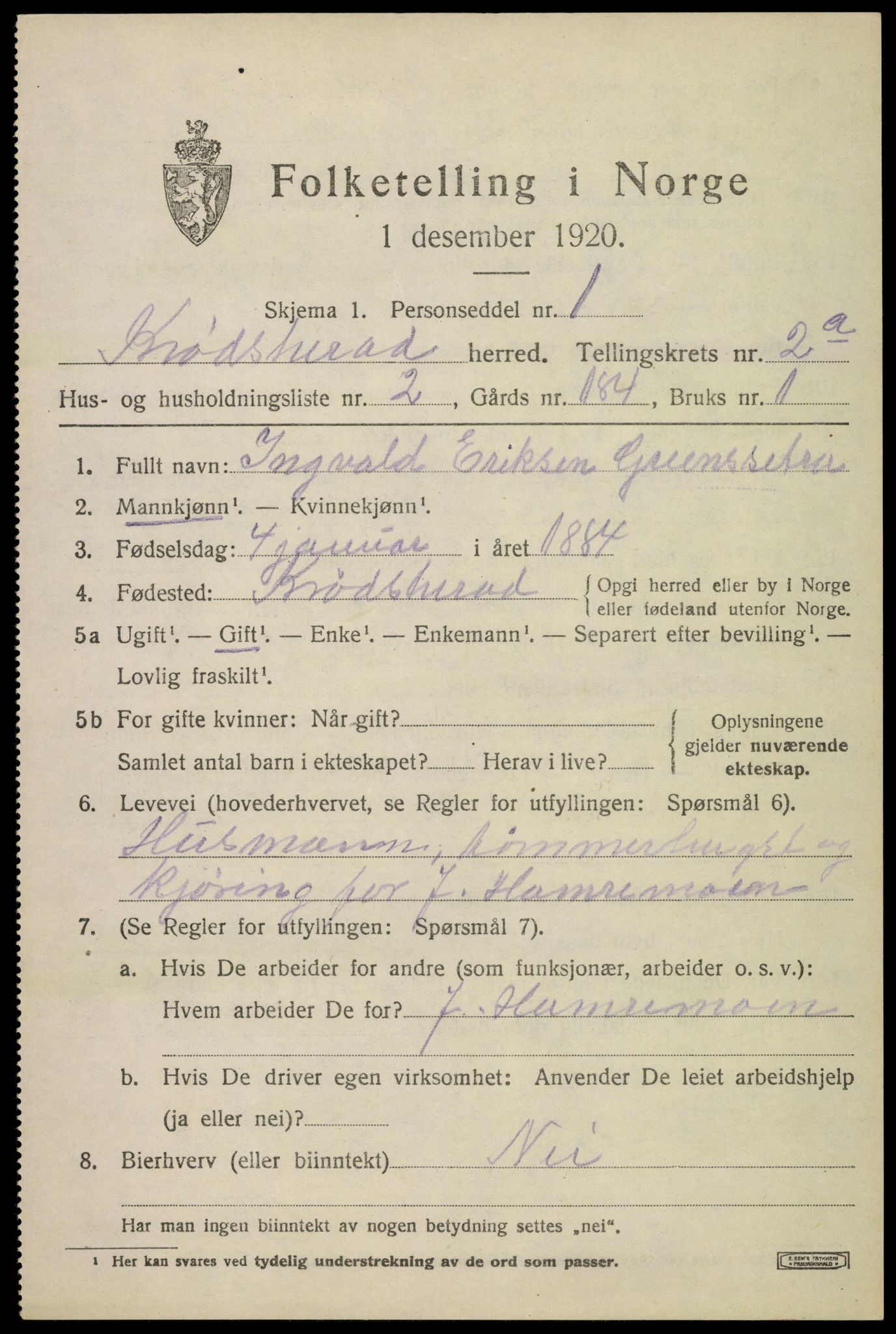 SAKO, 1920 census for Krødsherad, 1920, p. 2809