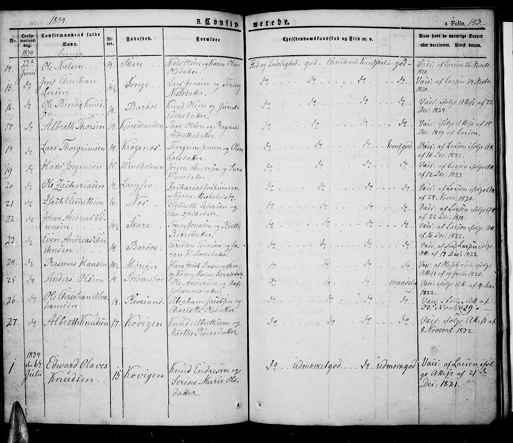 Tromøy sokneprestkontor, SAK/1111-0041/F/Fa/L0003: Parish register (official) no. A 3, 1825-1837, p. 143