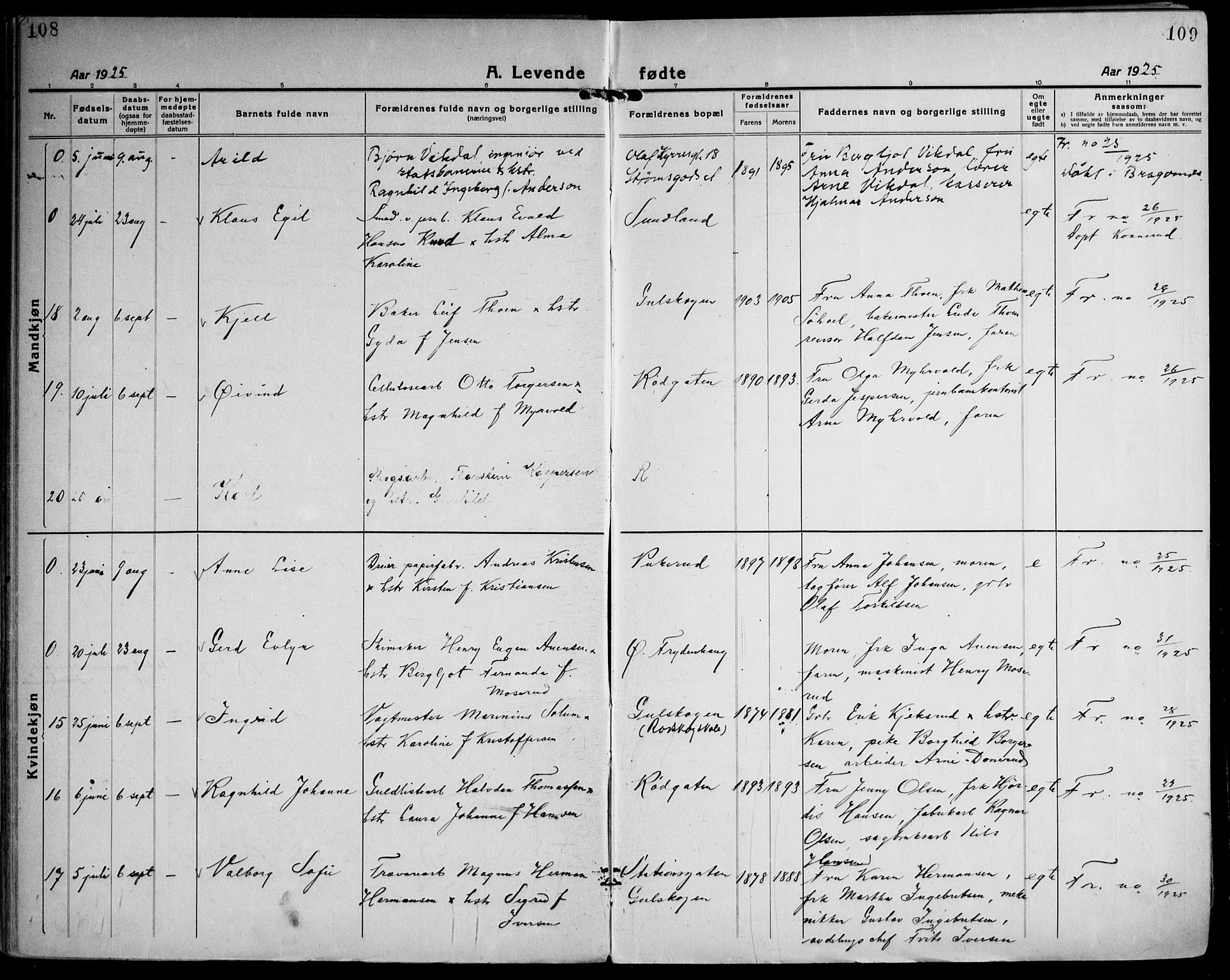 Strømsgodset kirkebøker, AV/SAKO-A-324/F/Fa/L0003: Parish register (official) no. 3, 1920-1936, p. 108-109