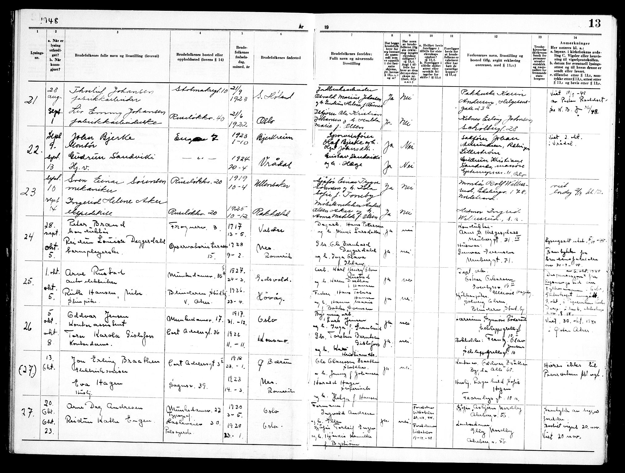 Piperviken prestekontor Kirkebøker, AV/SAO-A-10874/H/L0003: Banns register no. 3, 1945-1959, p. 13