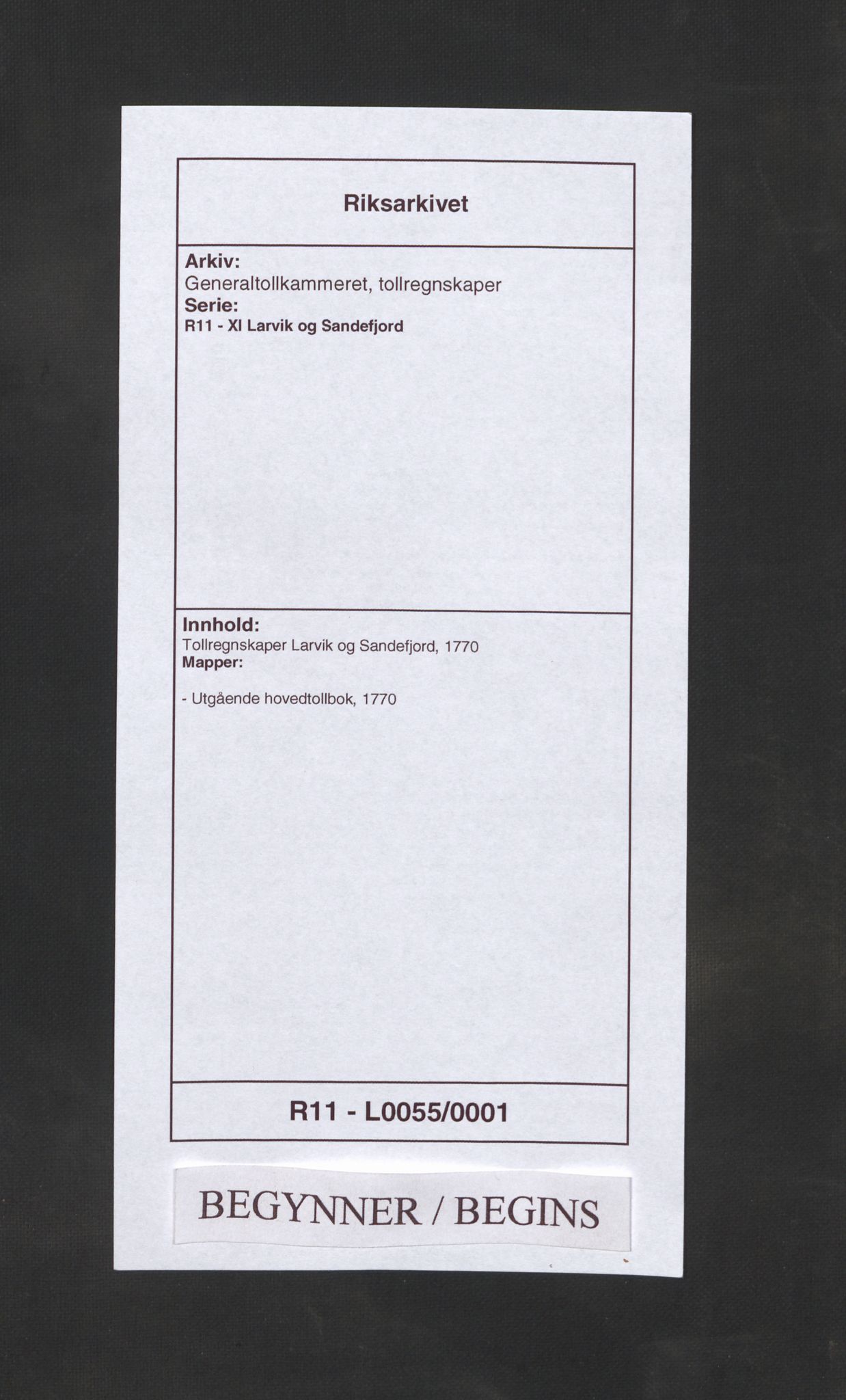 Generaltollkammeret, tollregnskaper, RA/EA-5490/R11/L0055/0001: Tollregnskaper Larvik og Sandefjord / Utgående hovedtollbok, 1770