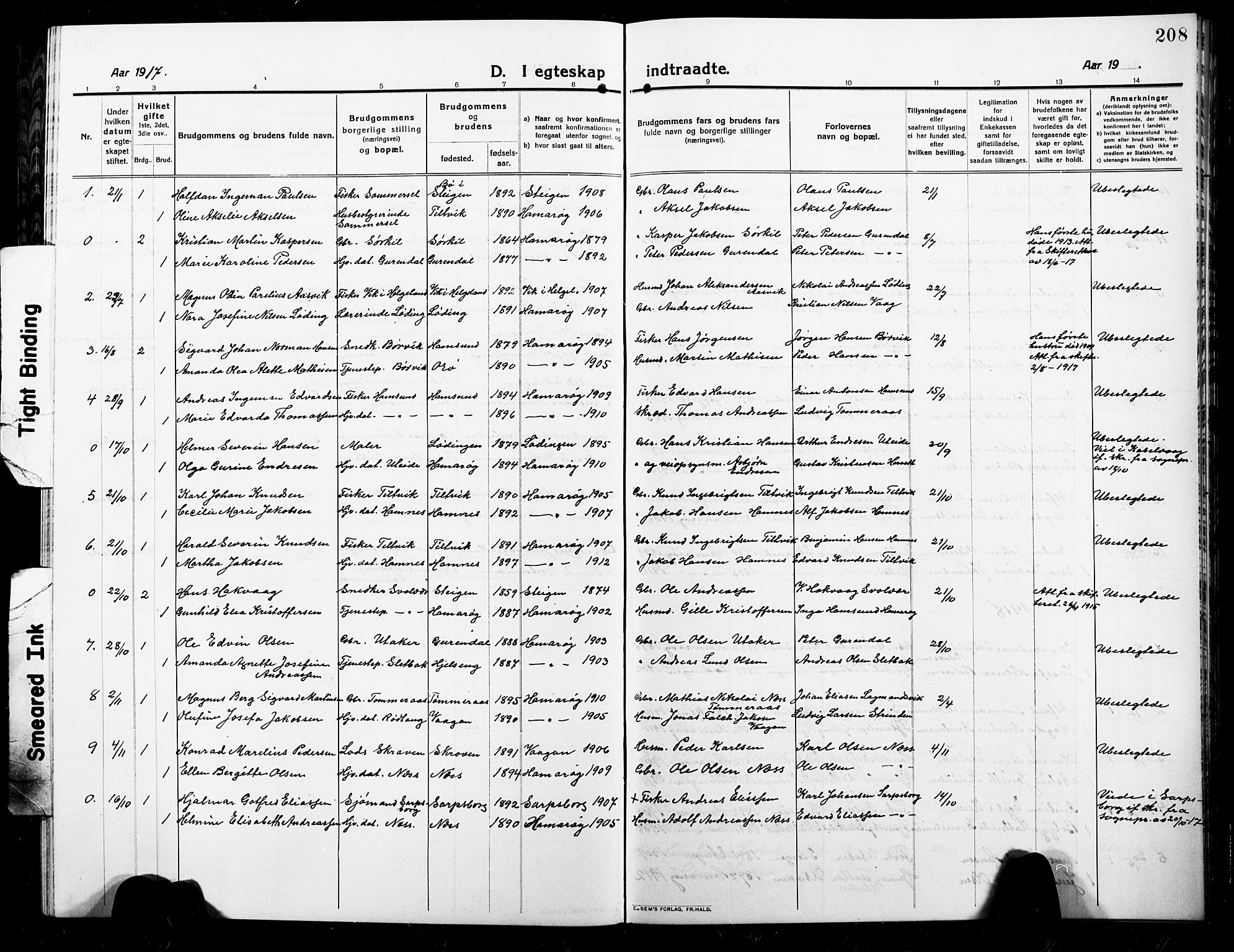 Ministerialprotokoller, klokkerbøker og fødselsregistre - Nordland, AV/SAT-A-1459/859/L0861: Parish register (copy) no. 859C07, 1910-1925, p. 208