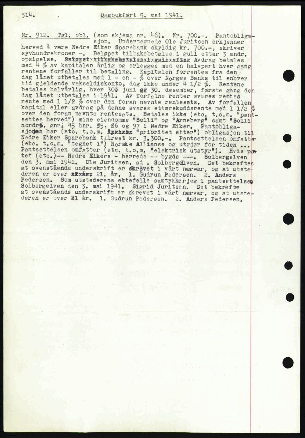 Eiker, Modum og Sigdal sorenskriveri, SAKO/A-123/G/Ga/Gab/L0043: Mortgage book no. A13, 1940-1941, Diary no: : 912/1941