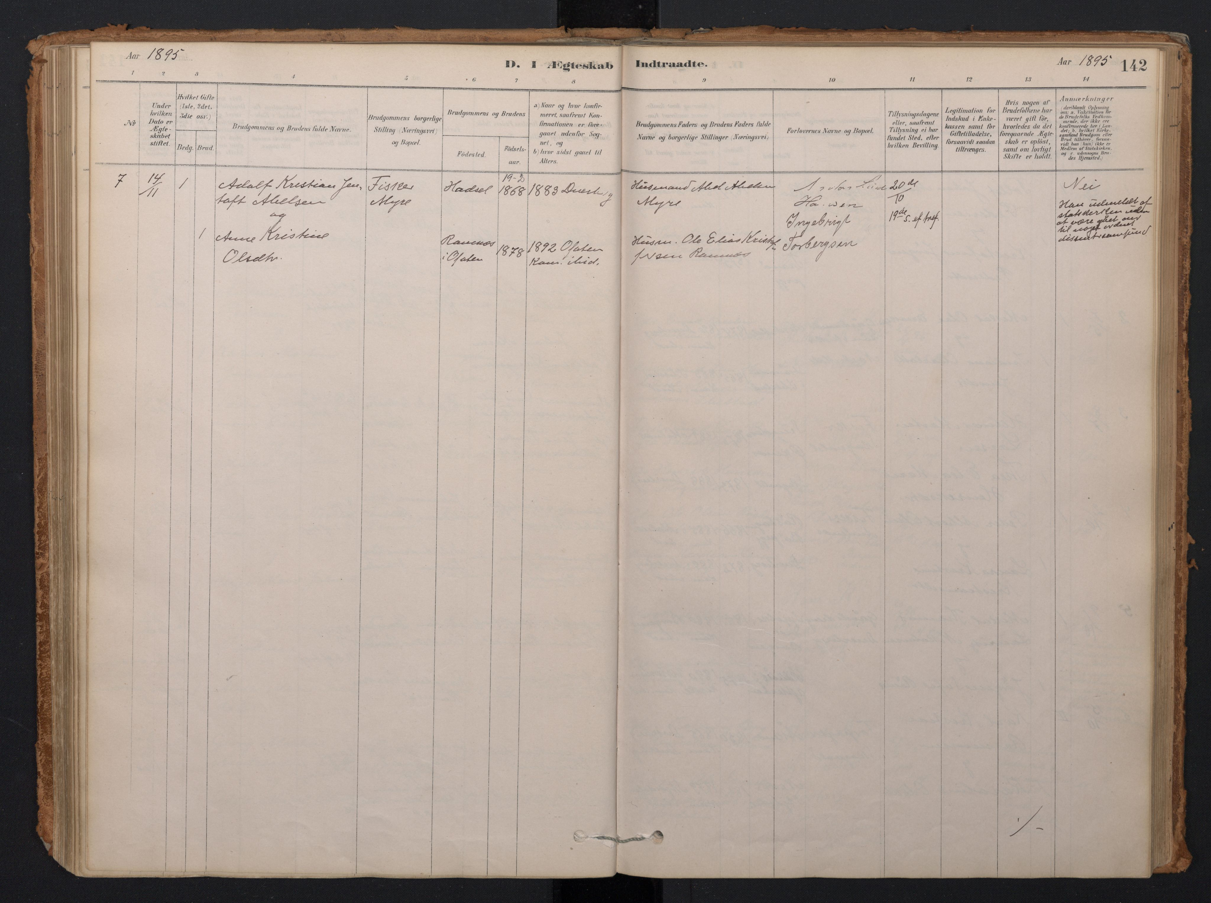 Ministerialprotokoller, klokkerbøker og fødselsregistre - Nordland, AV/SAT-A-1459/897/L1399: Parish register (official) no. 897A06, 1881-1896, p. 142