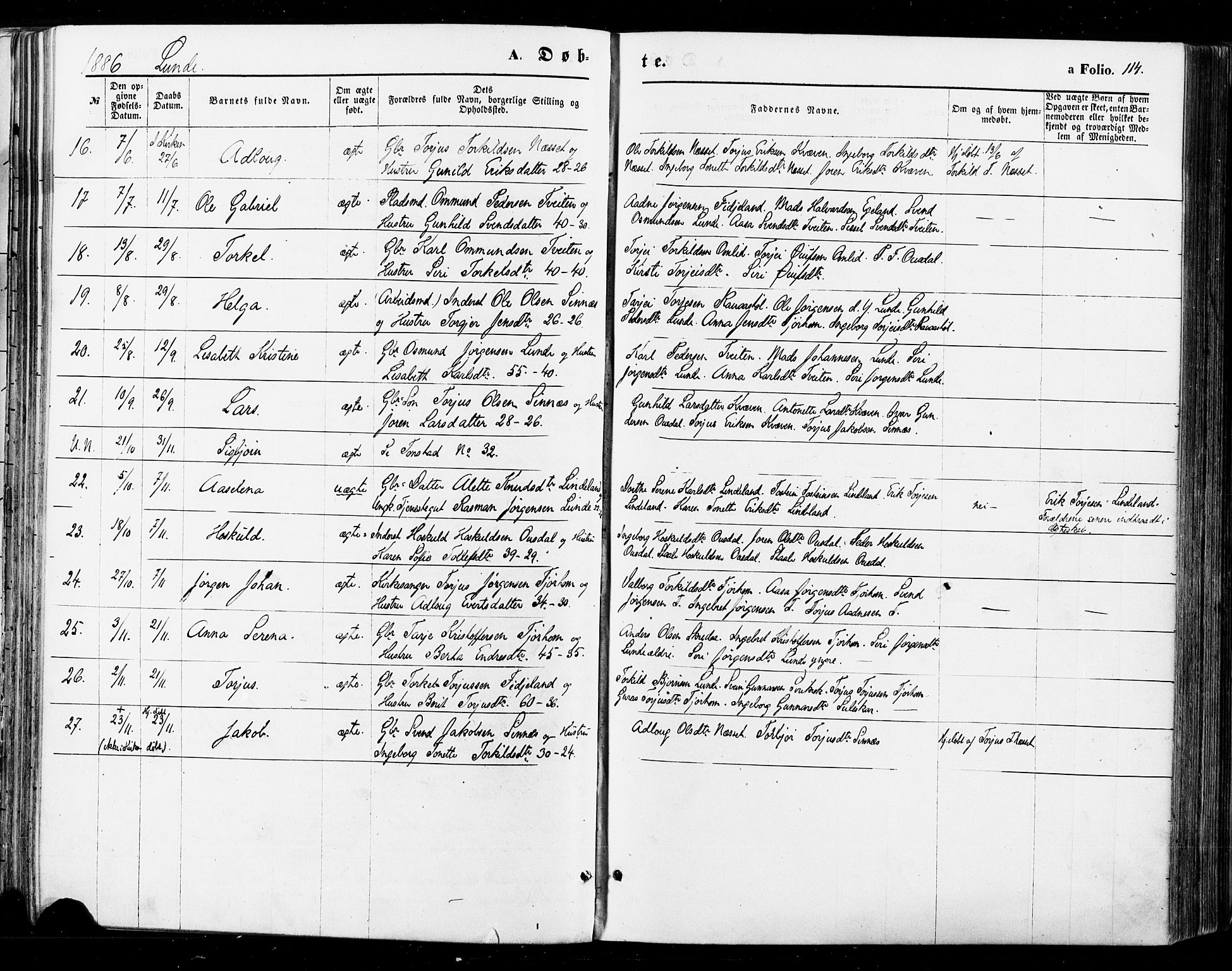 Sirdal sokneprestkontor, AV/SAK-1111-0036/F/Fa/Fab/L0003: Parish register (official) no. A 3, 1874-1886, p. 114