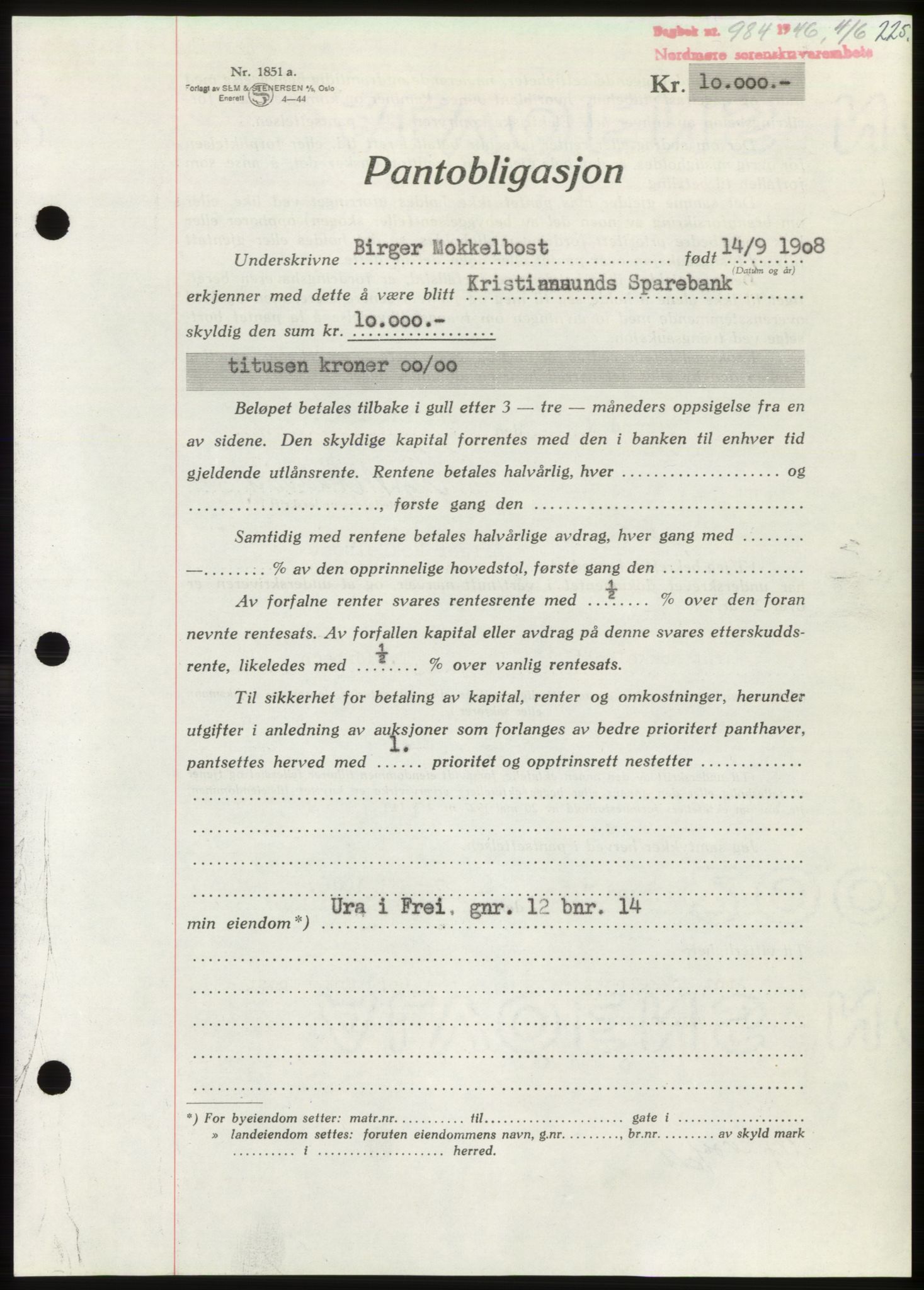 Nordmøre sorenskriveri, AV/SAT-A-4132/1/2/2Ca: Mortgage book no. B94, 1946-1946, Diary no: : 984/1946