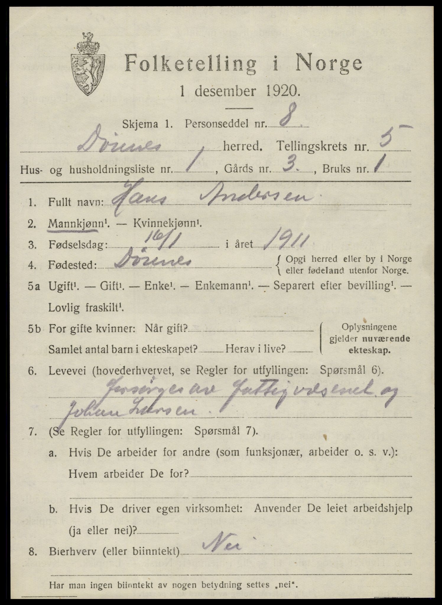 SAT, 1920 census for Dønnes, 1920, p. 2888