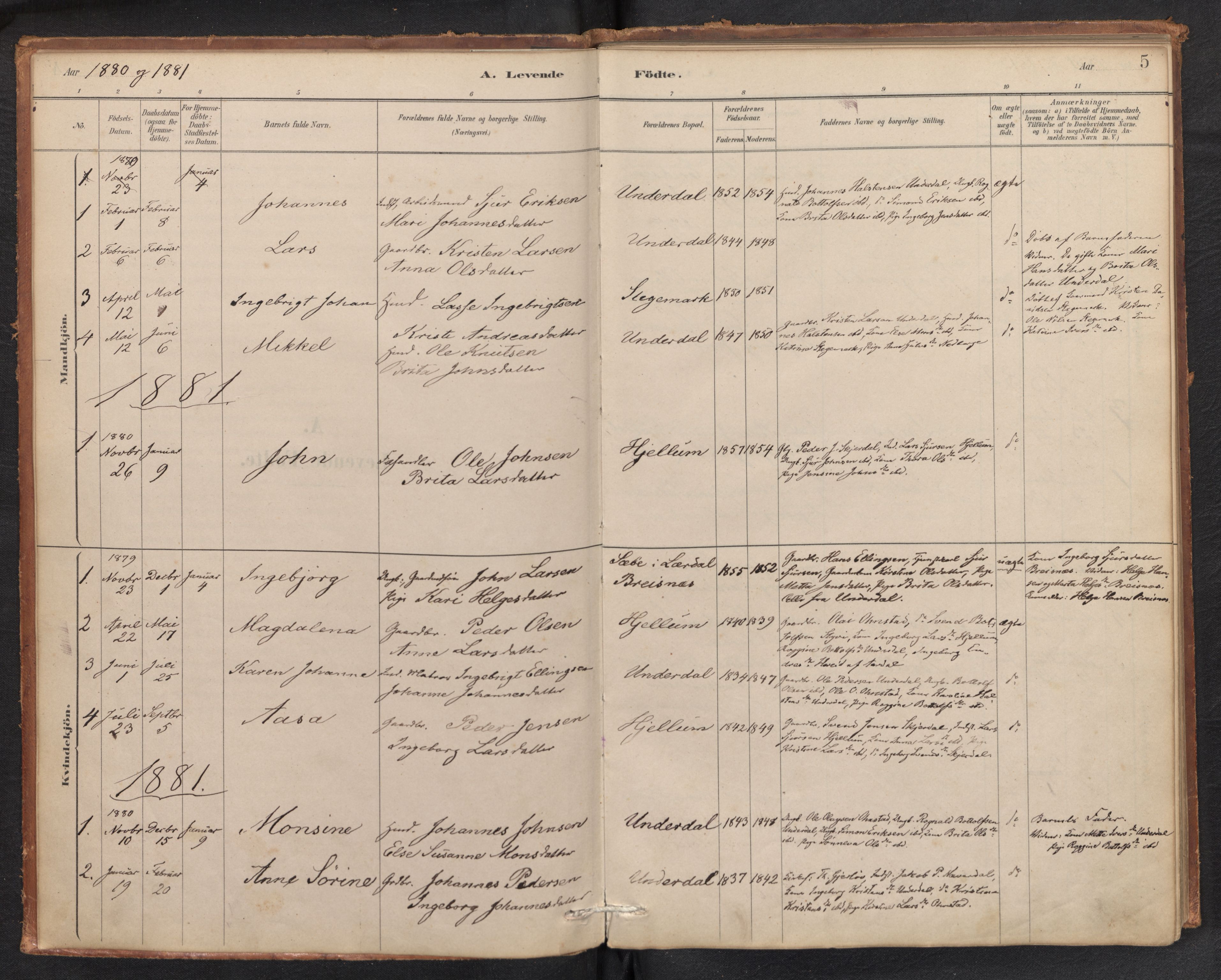 Aurland sokneprestembete, SAB/A-99937/H/Ha/Hae/L0001: Parish register (official) no. E 1, 1880-1907, p. 4b-5a