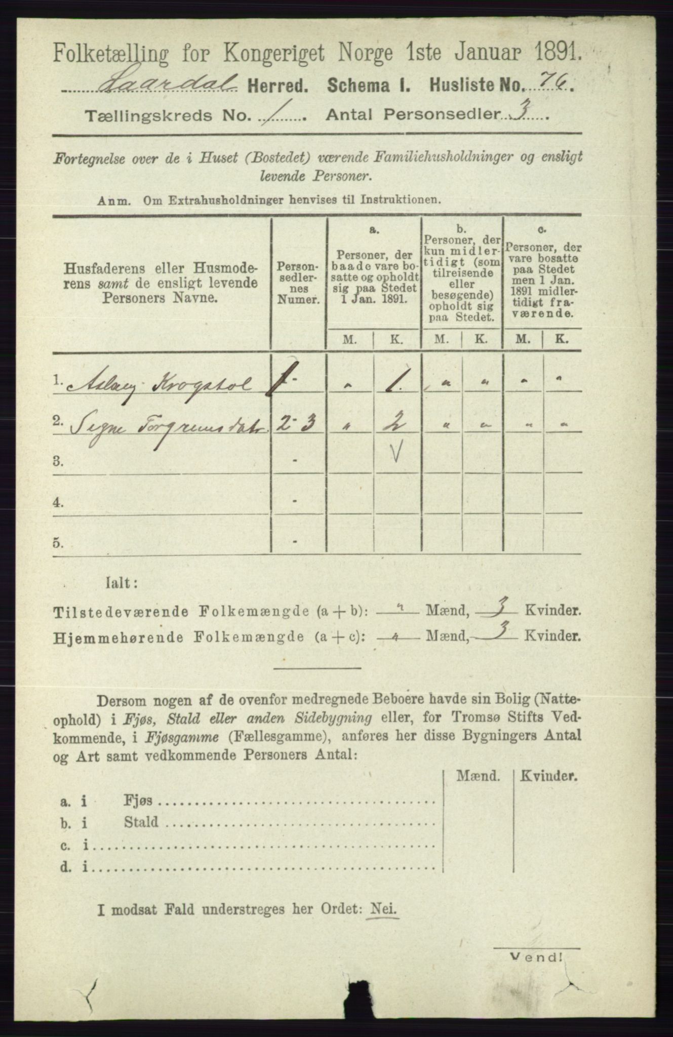 RA, 1891 census for 0833 Lårdal, 1891, p. 93