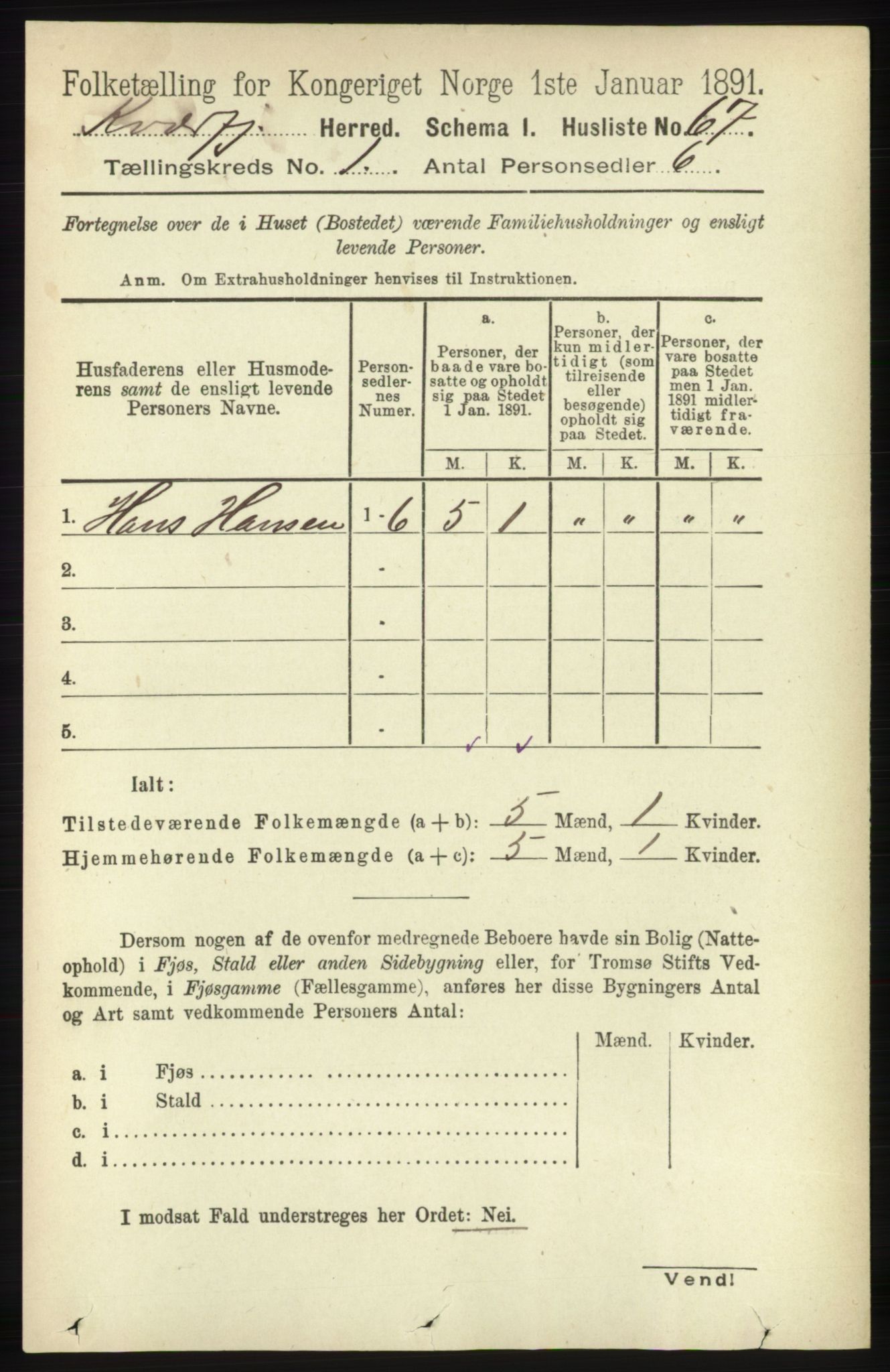 RA, 1891 census for 1911 Kvæfjord, 1891, p. 87