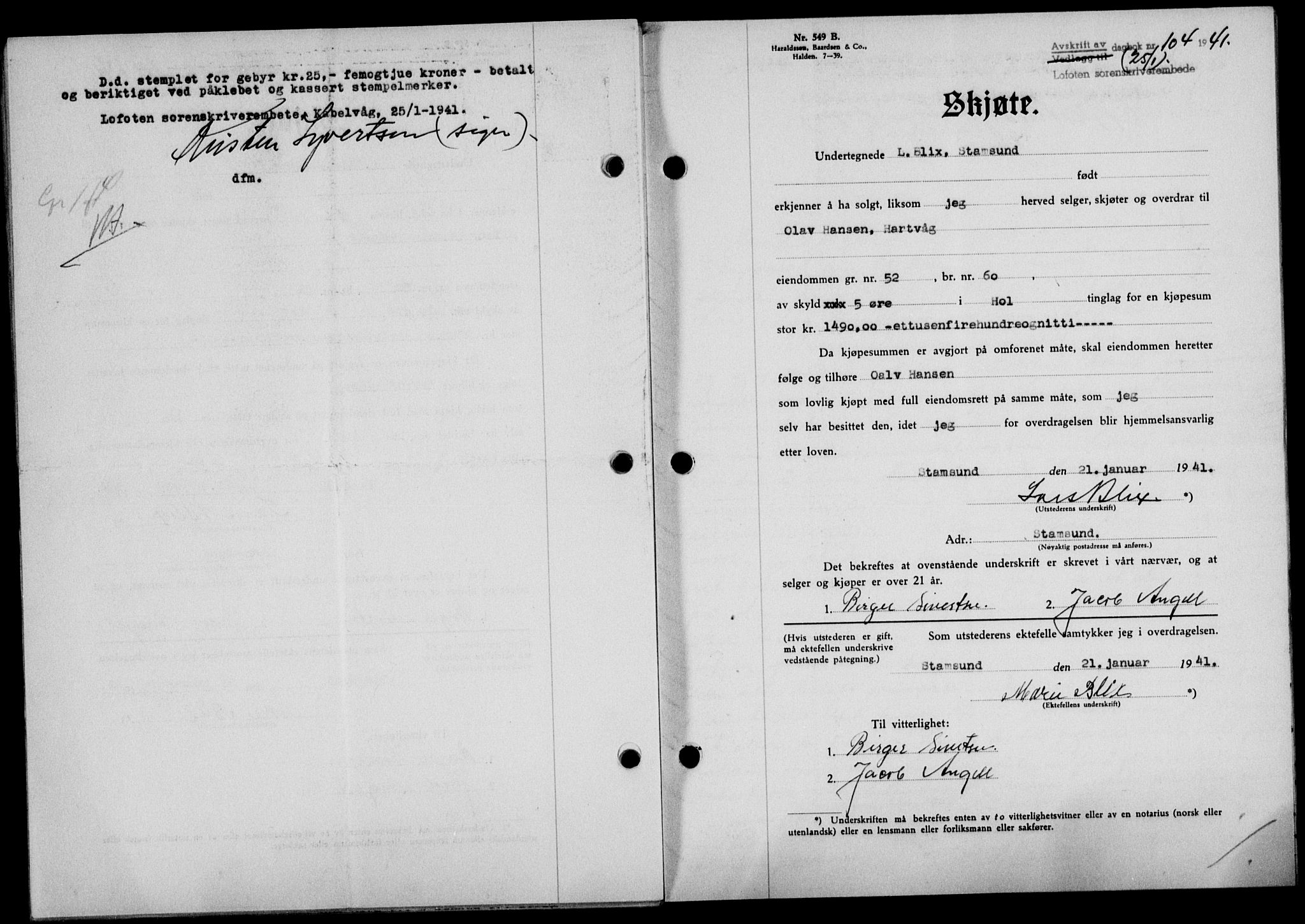 Lofoten sorenskriveri, SAT/A-0017/1/2/2C/L0008a: Mortgage book no. 8a, 1940-1941, Diary no: : 104/1941