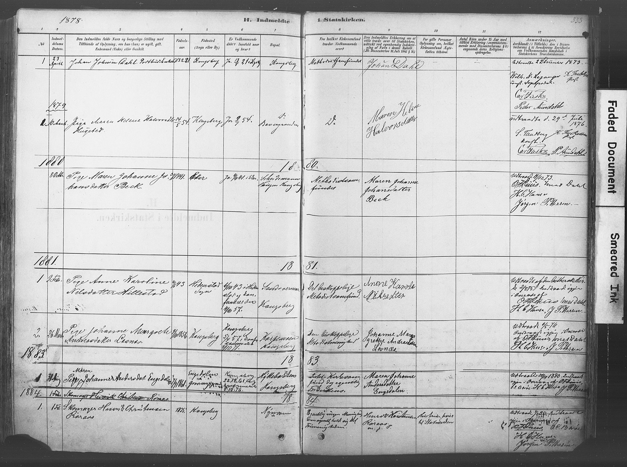 Kongsberg kirkebøker, SAKO/A-22/F/Fb/L0001: Parish register (official) no. II 1, 1878-1886, p. 333