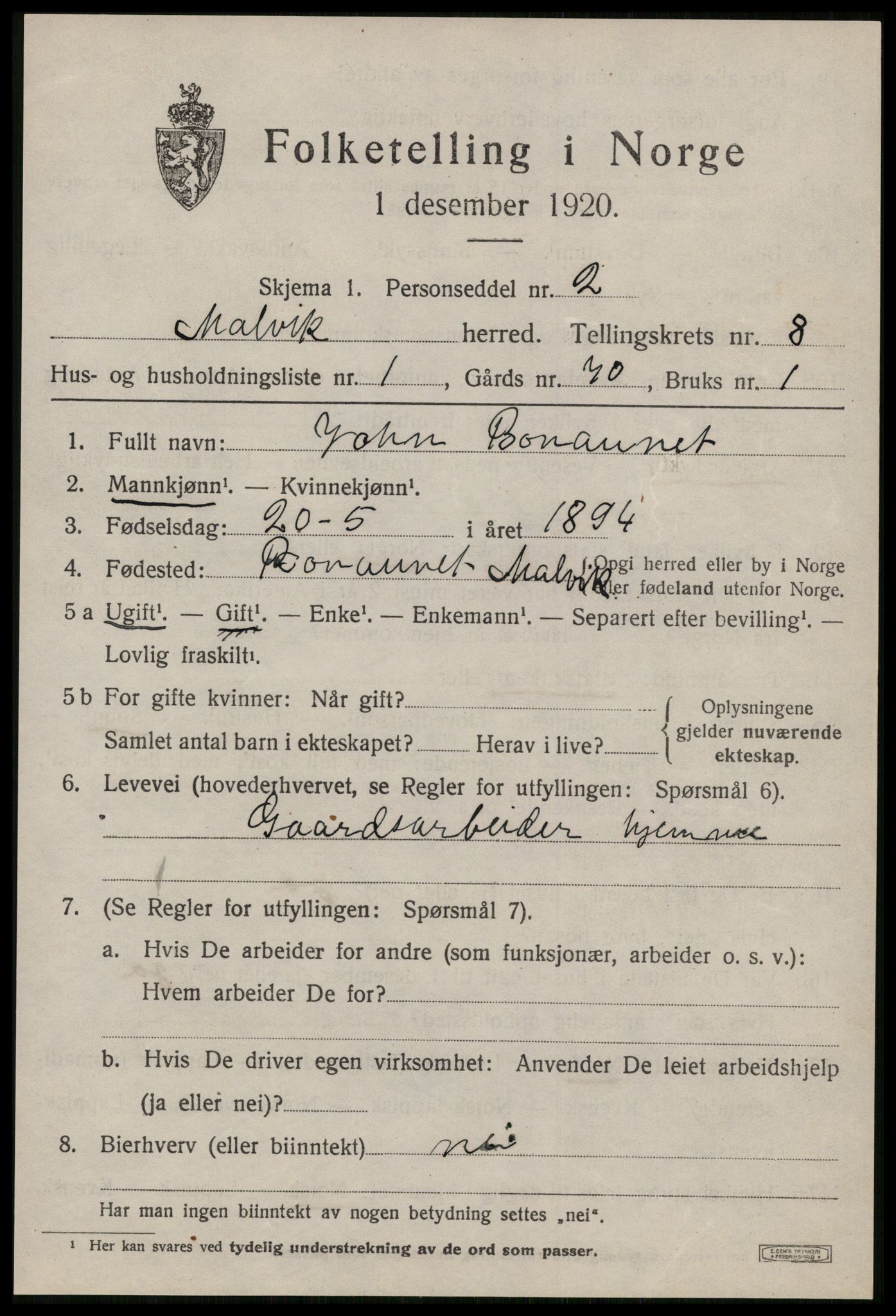 SAT, 1920 census for Malvik, 1920, p. 7592