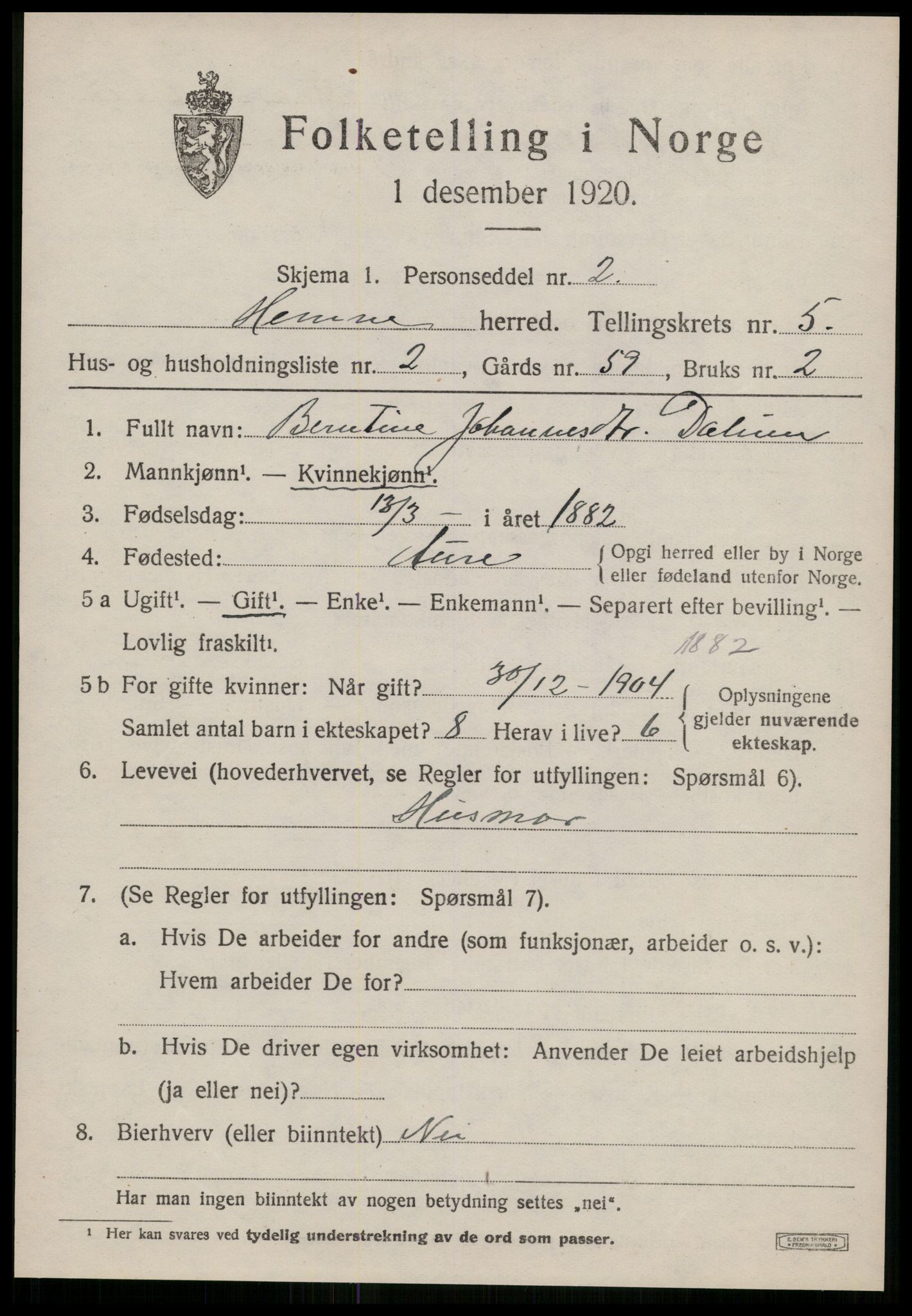 SAT, 1920 census for Hemne, 1920, p. 3112