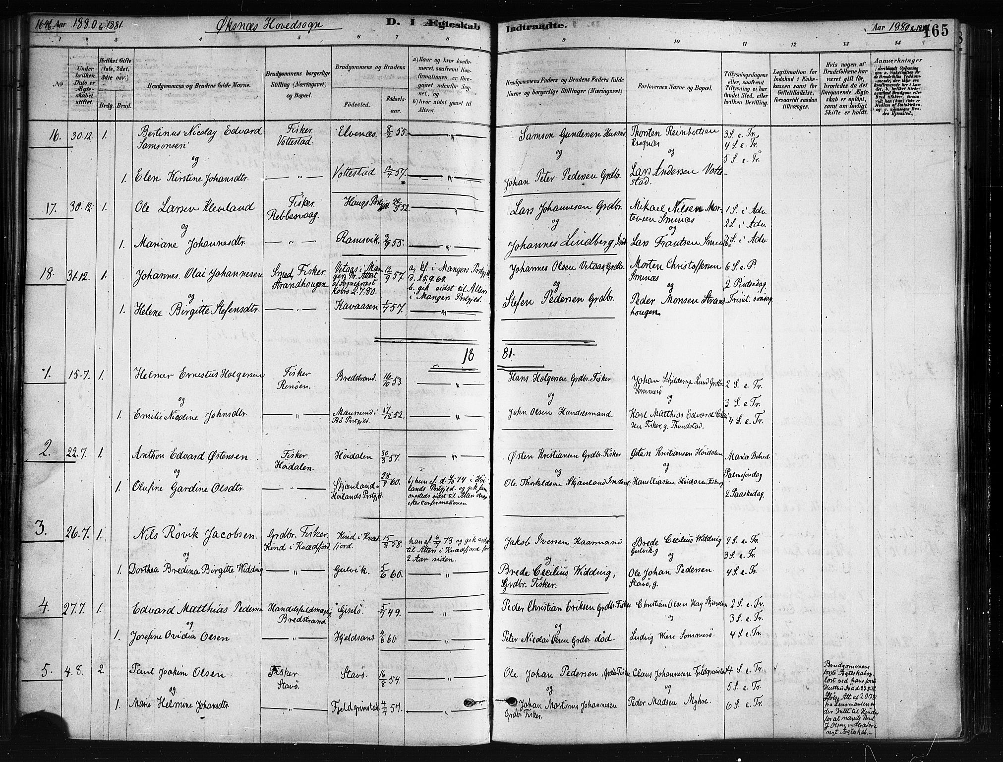 Ministerialprotokoller, klokkerbøker og fødselsregistre - Nordland, AV/SAT-A-1459/893/L1335: Parish register (official) no. 893A08 /1, 1878-1884, p. 165