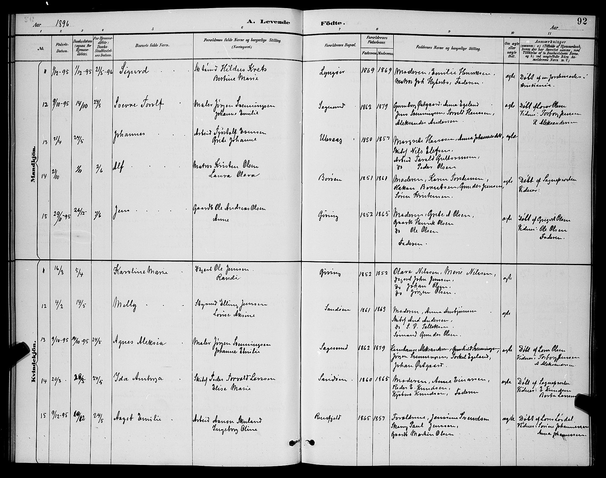 Dypvåg sokneprestkontor, AV/SAK-1111-0007/F/Fb/Fba/L0013: Parish register (copy) no. B 13, 1887-1900, p. 92