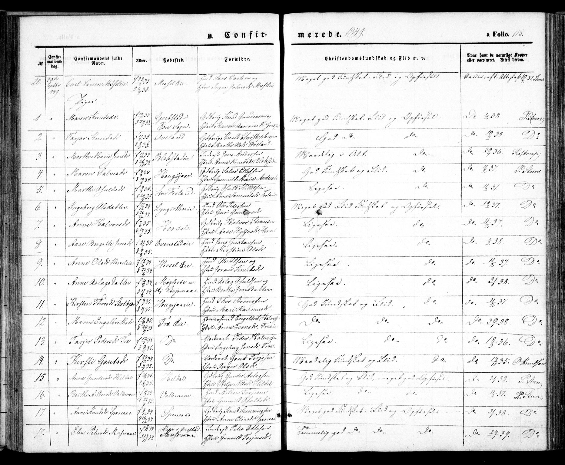 Froland sokneprestkontor, AV/SAK-1111-0013/F/Fa/L0002: Parish register (official) no. A 2, 1845-1863, p. 115