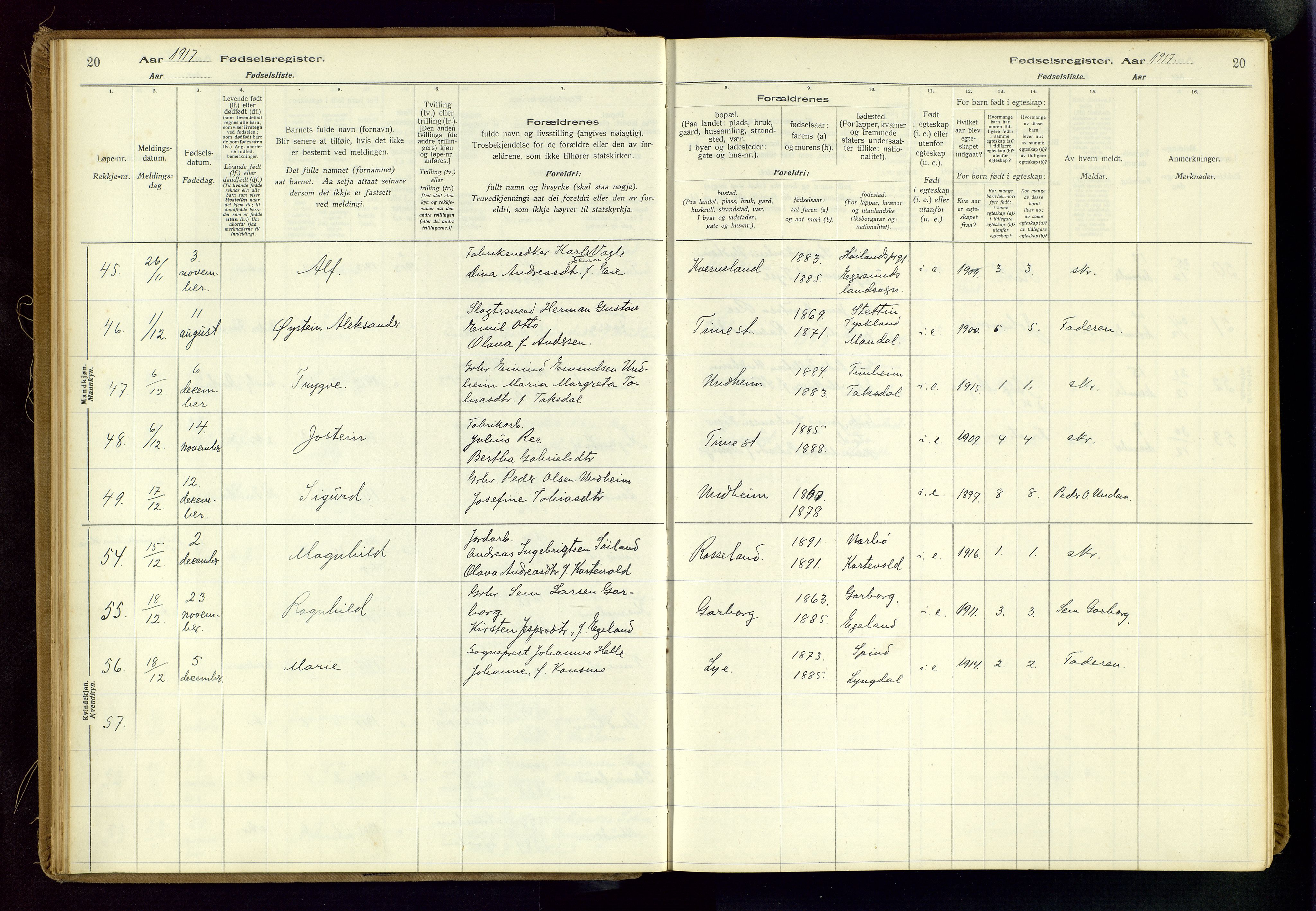 Time sokneprestkontor, AV/SAST-A-101795/001/704BA/L0001: Birth register no. 1, 1916-1934, p. 20