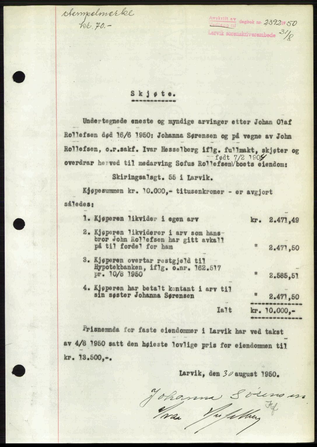 Larvik sorenskriveri, AV/SAKO-A-83/G/Ga/Gab/L0092: Mortgage book no. A-26, 1950-1950, Diary no: : 2392/1950