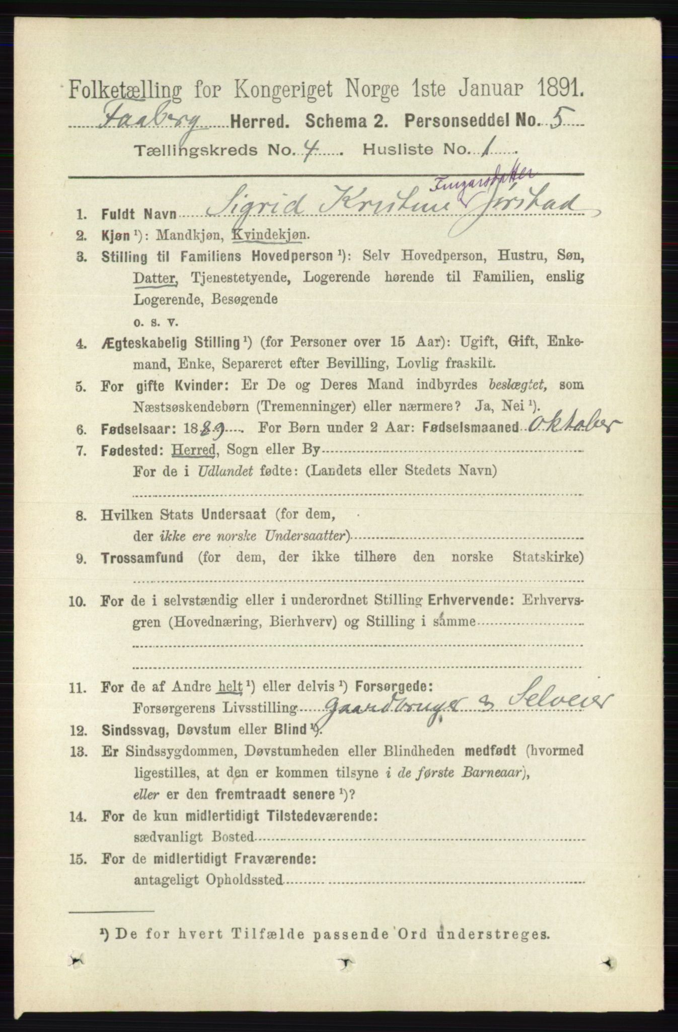 RA, 1891 census for 0524 Fåberg, 1891, p. 1227