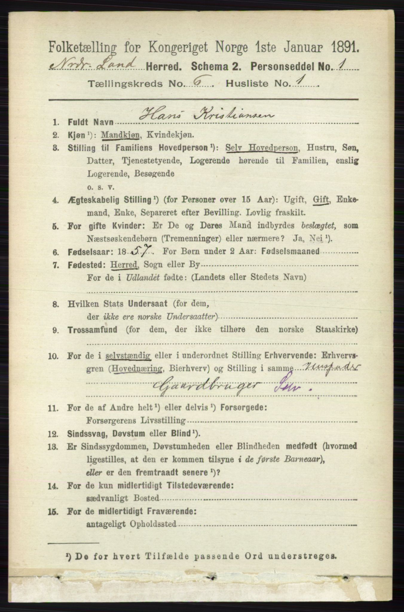 RA, 1891 census for 0538 Nordre Land, 1891, p. 1781