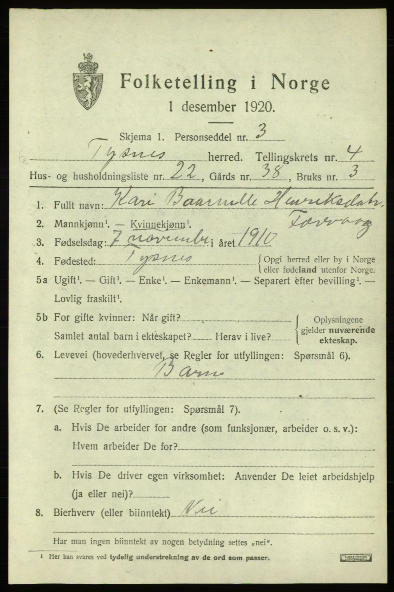 SAB, 1920 census for Tysnes, 1920, p. 3442