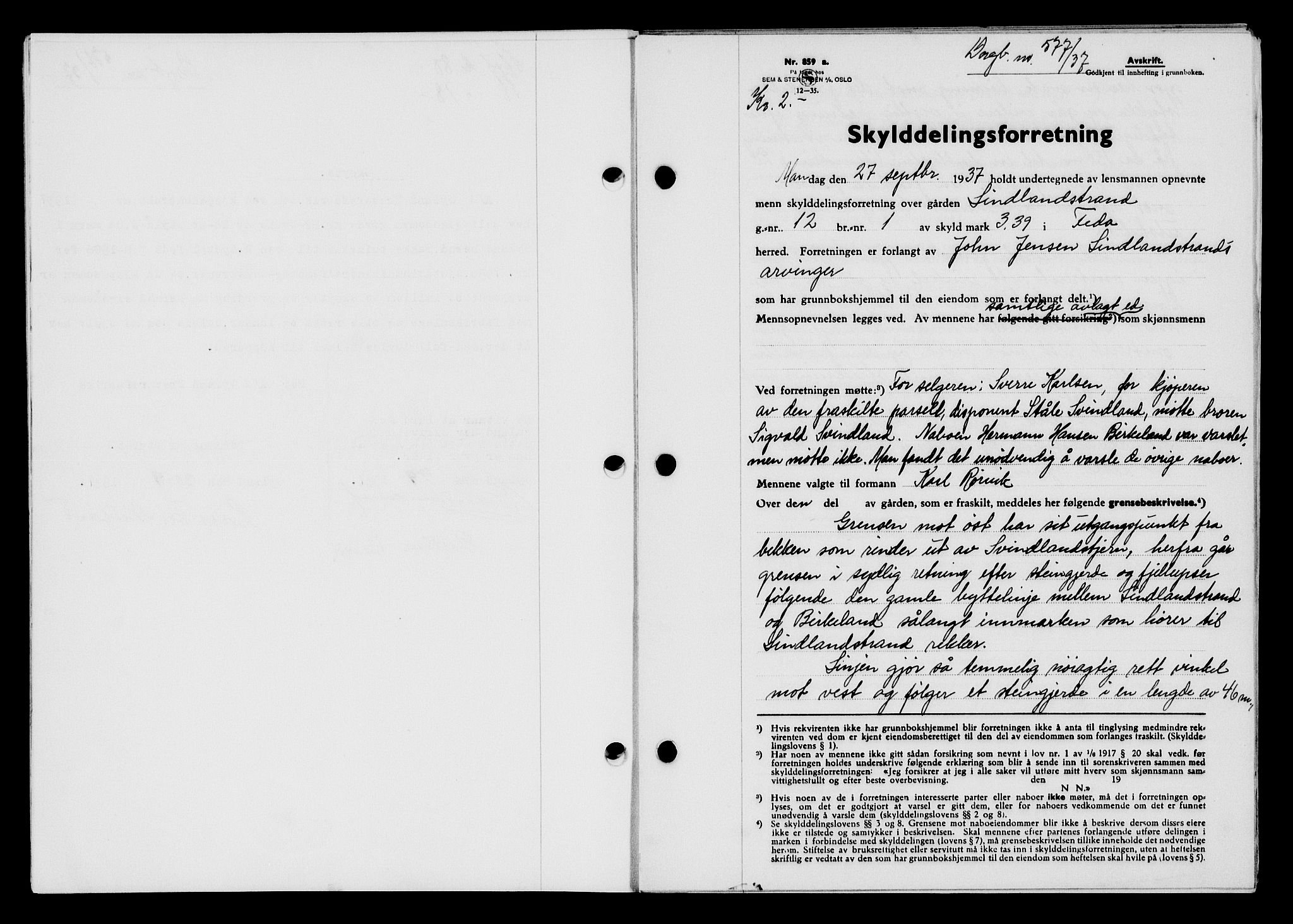 Flekkefjord sorenskriveri, AV/SAK-1221-0001/G/Gb/Gba/L0054: Mortgage book no. A-2, 1937-1938, Diary no: : 577/1937