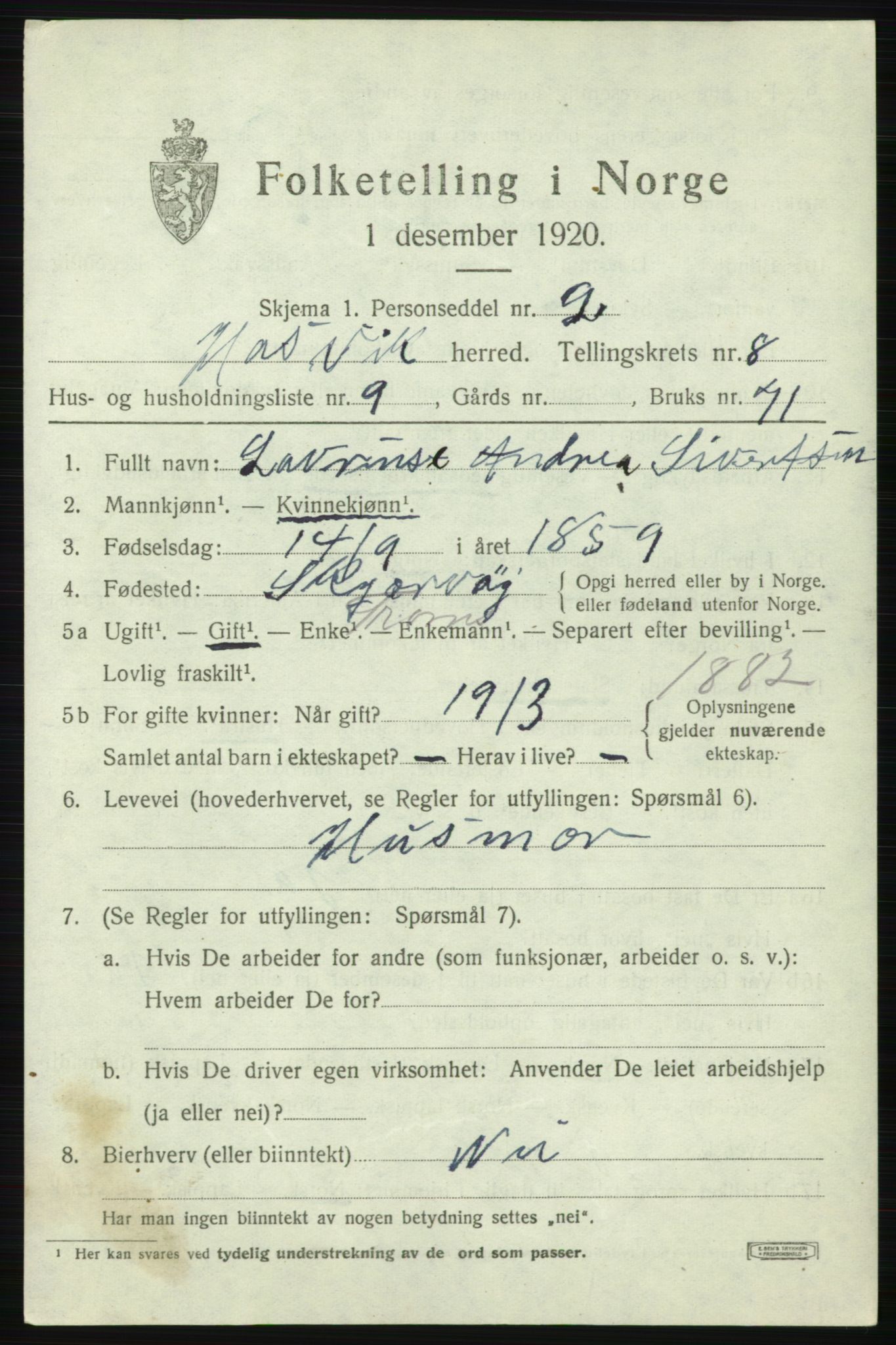 SATØ, 1920 census for Hasvik, 1920, p. 3143