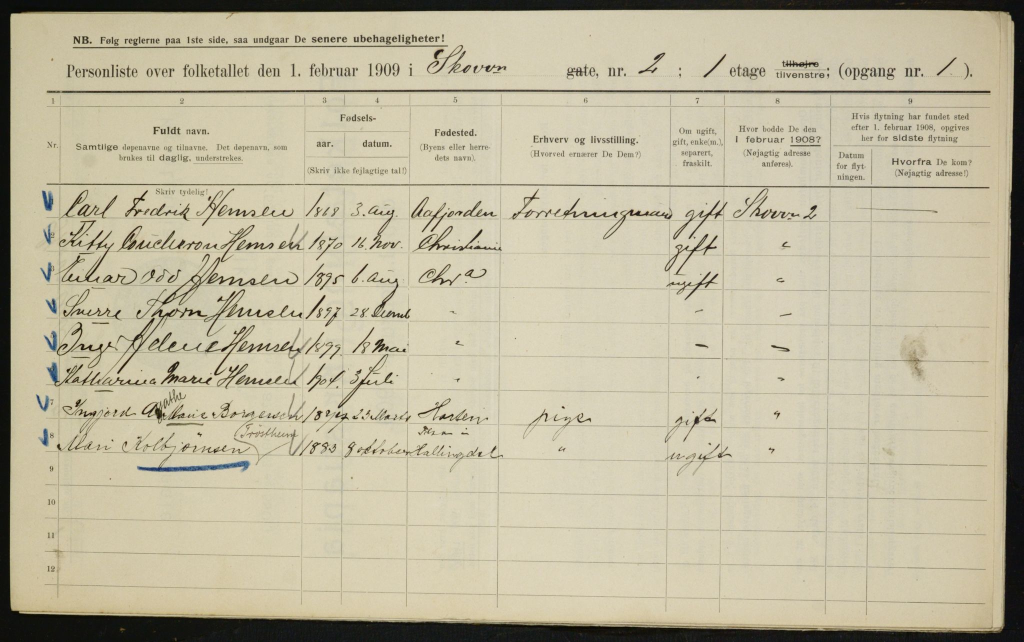 OBA, Municipal Census 1909 for Kristiania, 1909, p. 87421