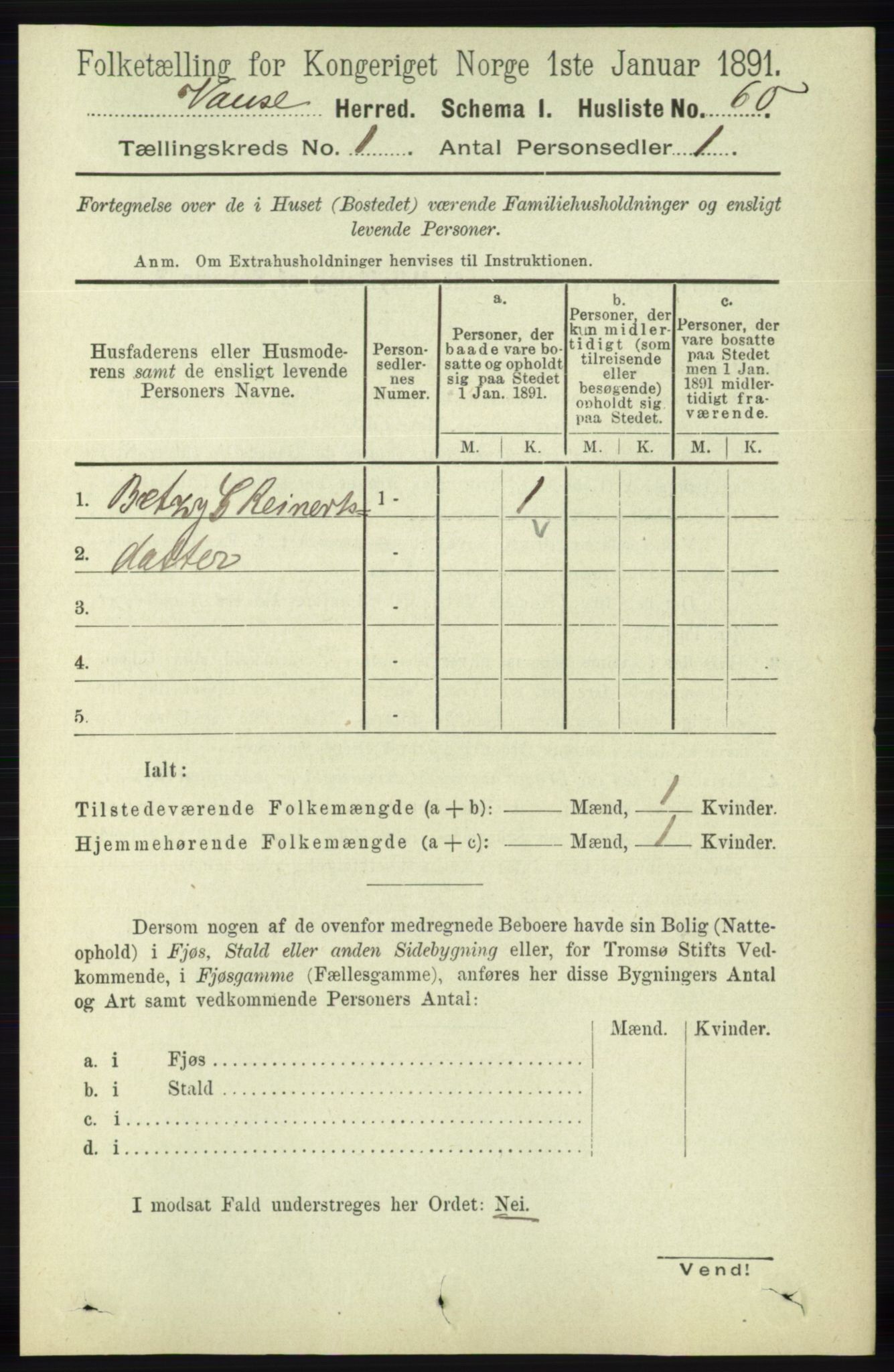 RA, 1891 census for 1041 Vanse, 1891, p. 111