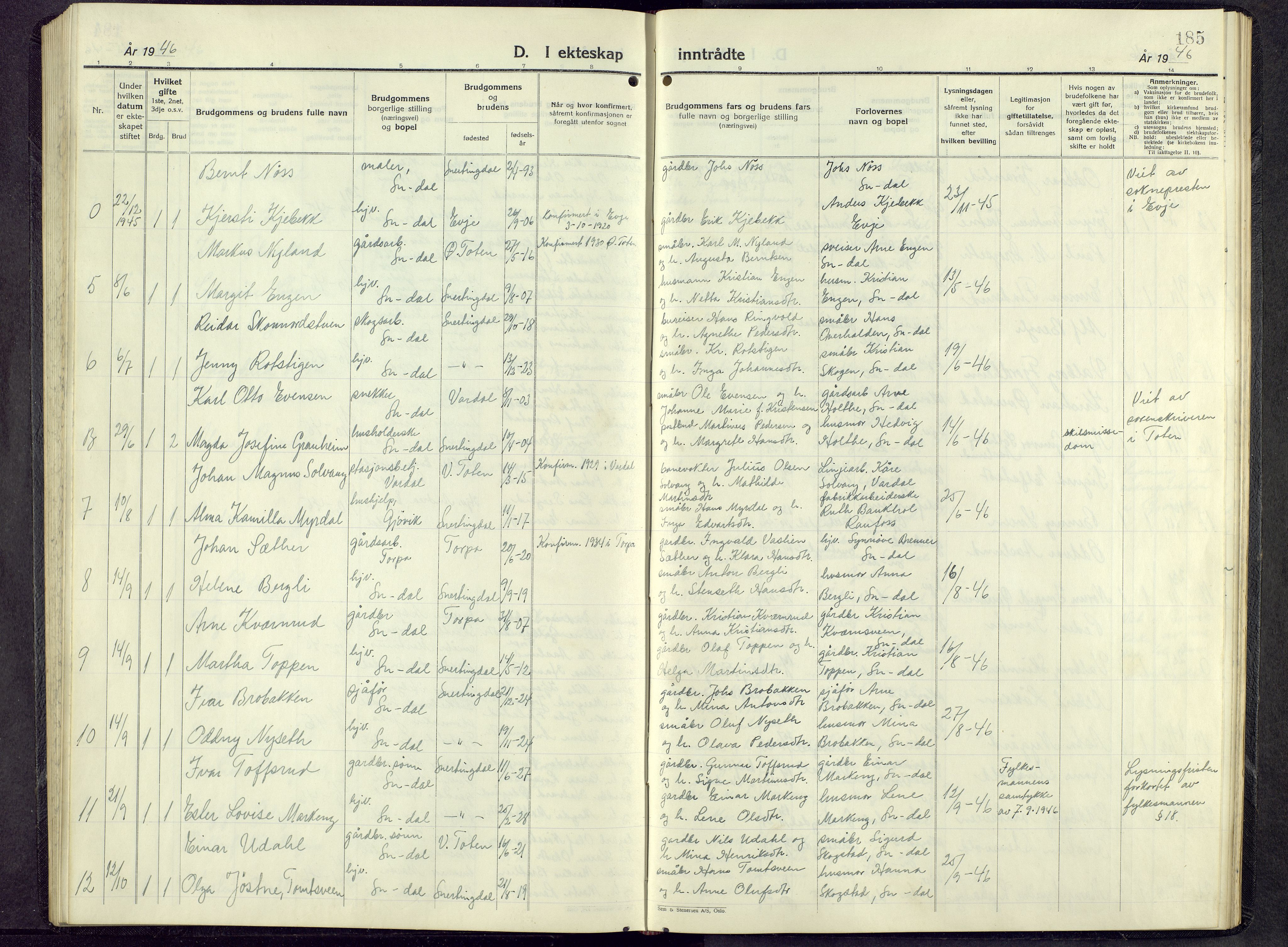 Biri prestekontor, SAH/PREST-096/H/Ha/Hab/L0009: Parish register (copy) no. 9, 1942-1955, p. 185