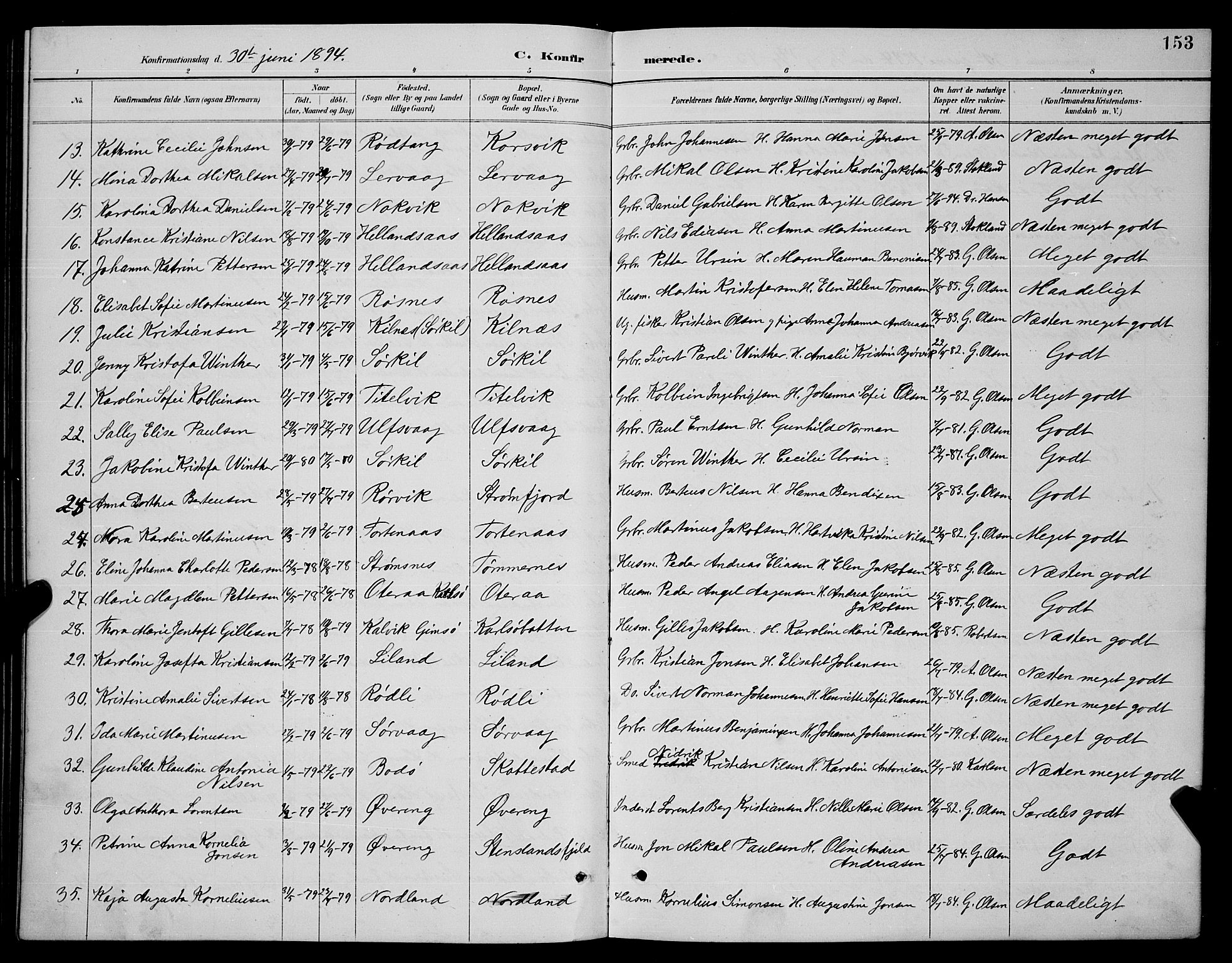 Ministerialprotokoller, klokkerbøker og fødselsregistre - Nordland, SAT/A-1459/859/L0859: Parish register (copy) no. 859C05, 1887-1898, p. 153