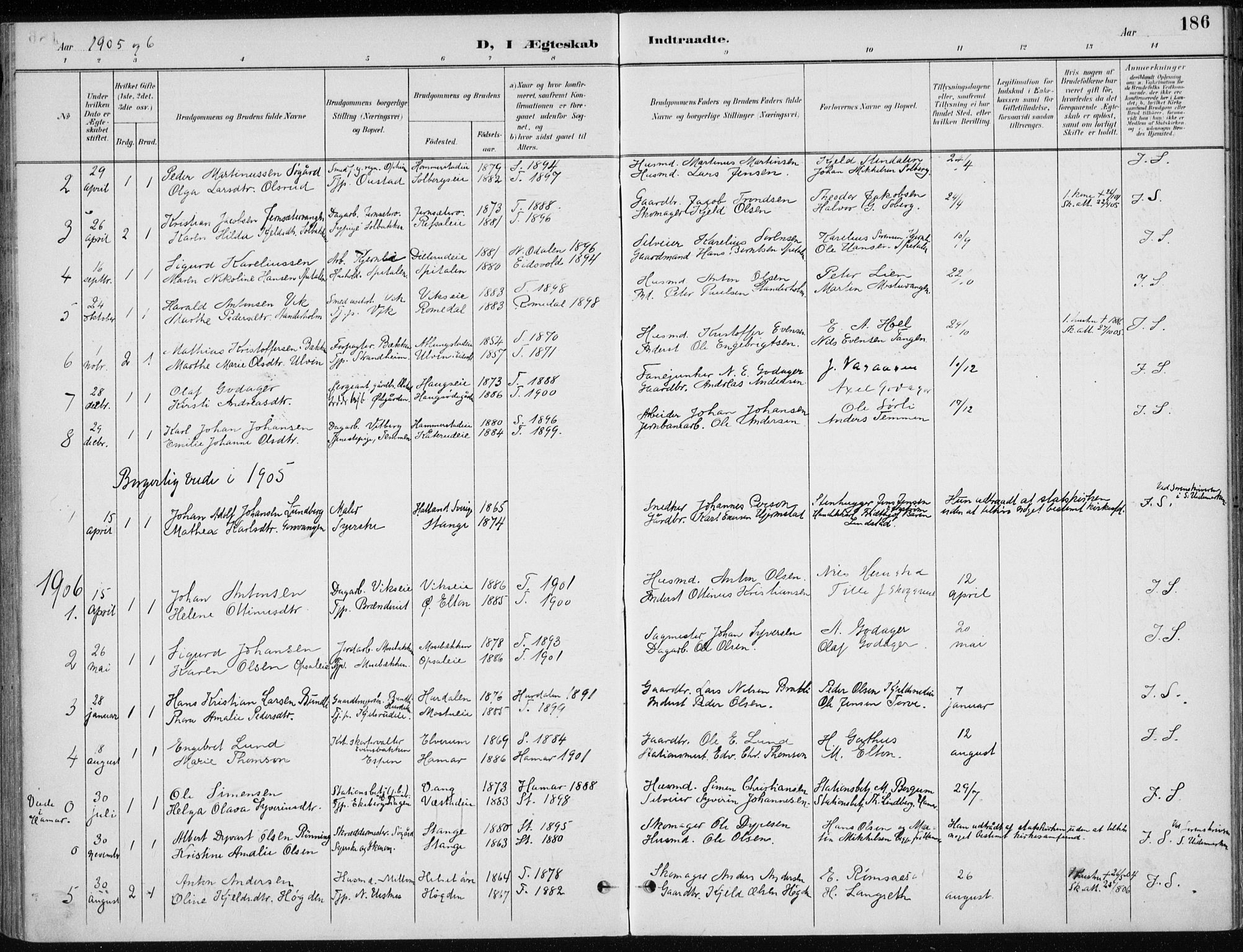 Stange prestekontor, AV/SAH-PREST-002/K/L0023: Parish register (official) no. 23, 1897-1920, p. 186