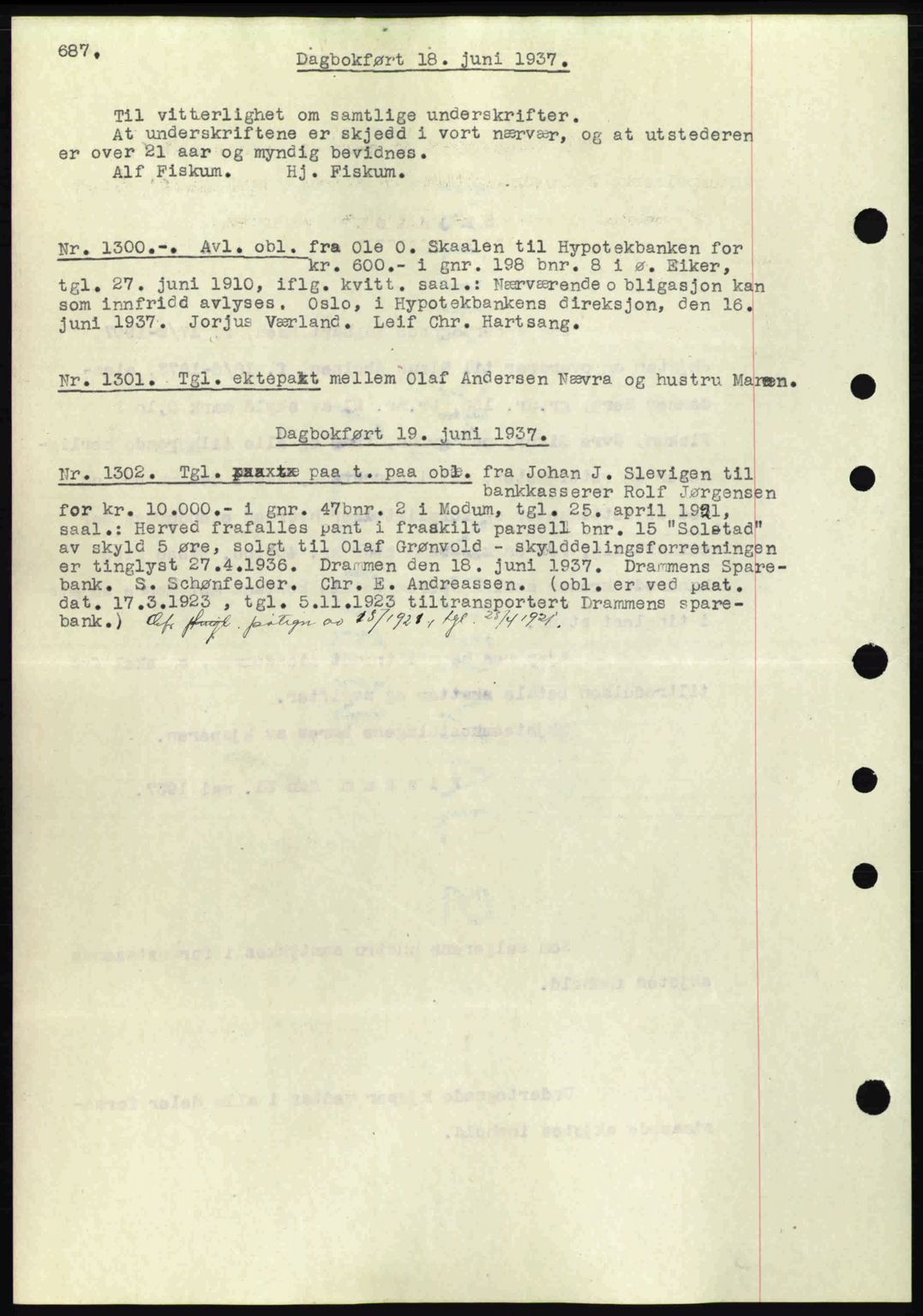 Eiker, Modum og Sigdal sorenskriveri, SAKO/A-123/G/Ga/Gab/L0035: Mortgage book no. A5, 1937-1937, Diary no: : 1300/1937