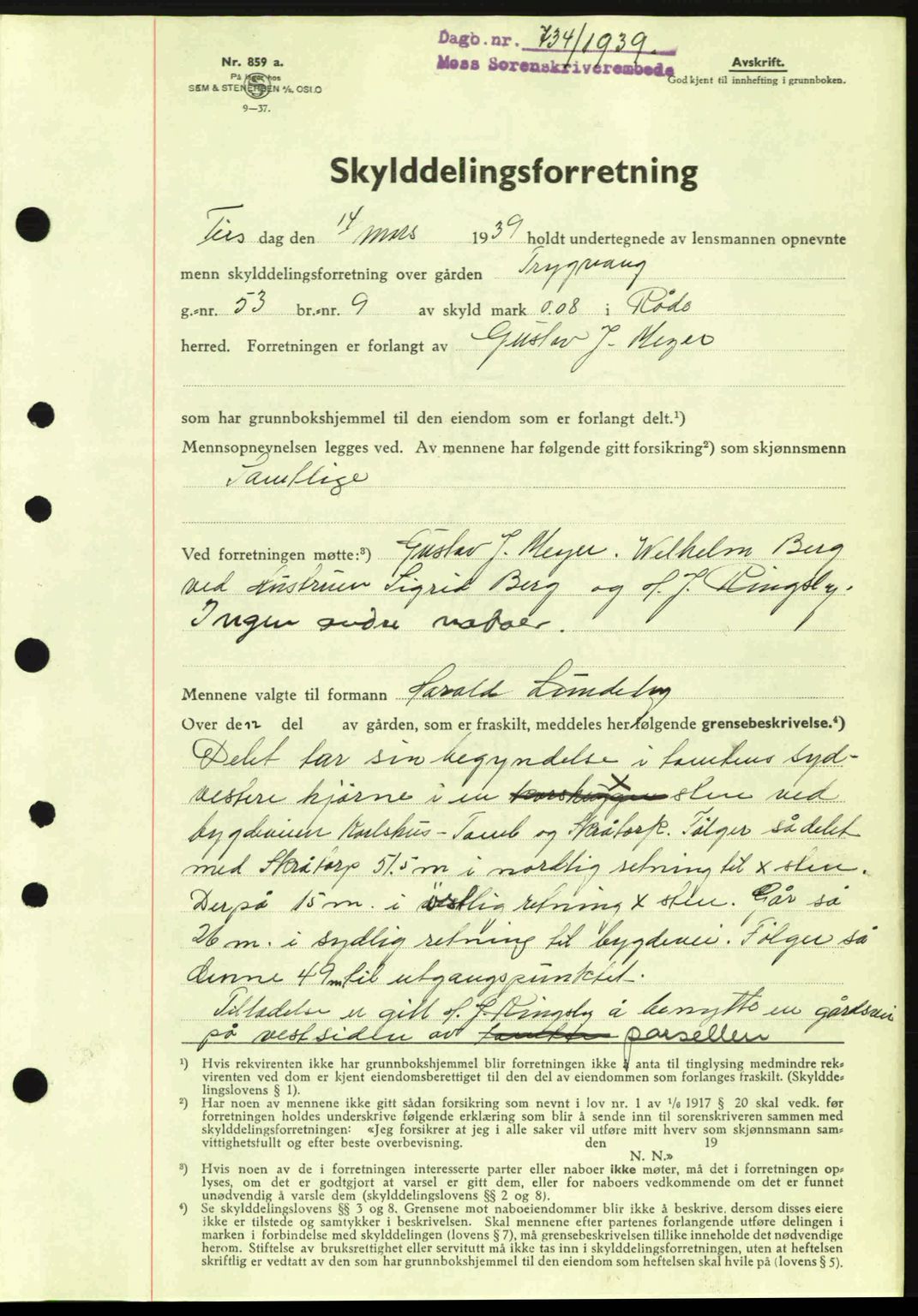 Moss sorenskriveri, SAO/A-10168: Mortgage book no. A5, 1938-1939, Diary no: : 734/1939