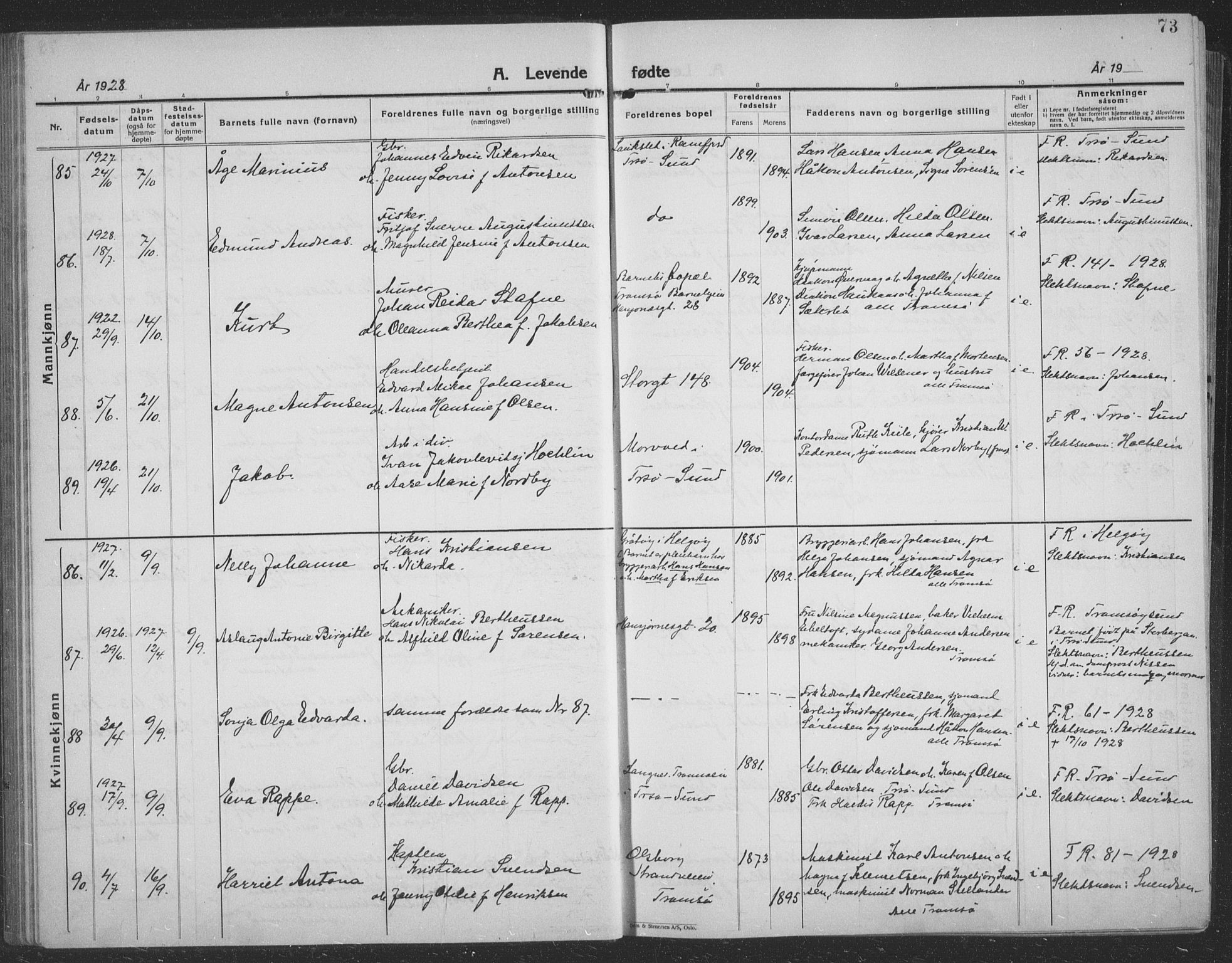 Tromsø sokneprestkontor/stiftsprosti/domprosti, SATØ/S-1343/G/Gb/L0010klokker: Parish register (copy) no. 10, 1925-1937, p. 73