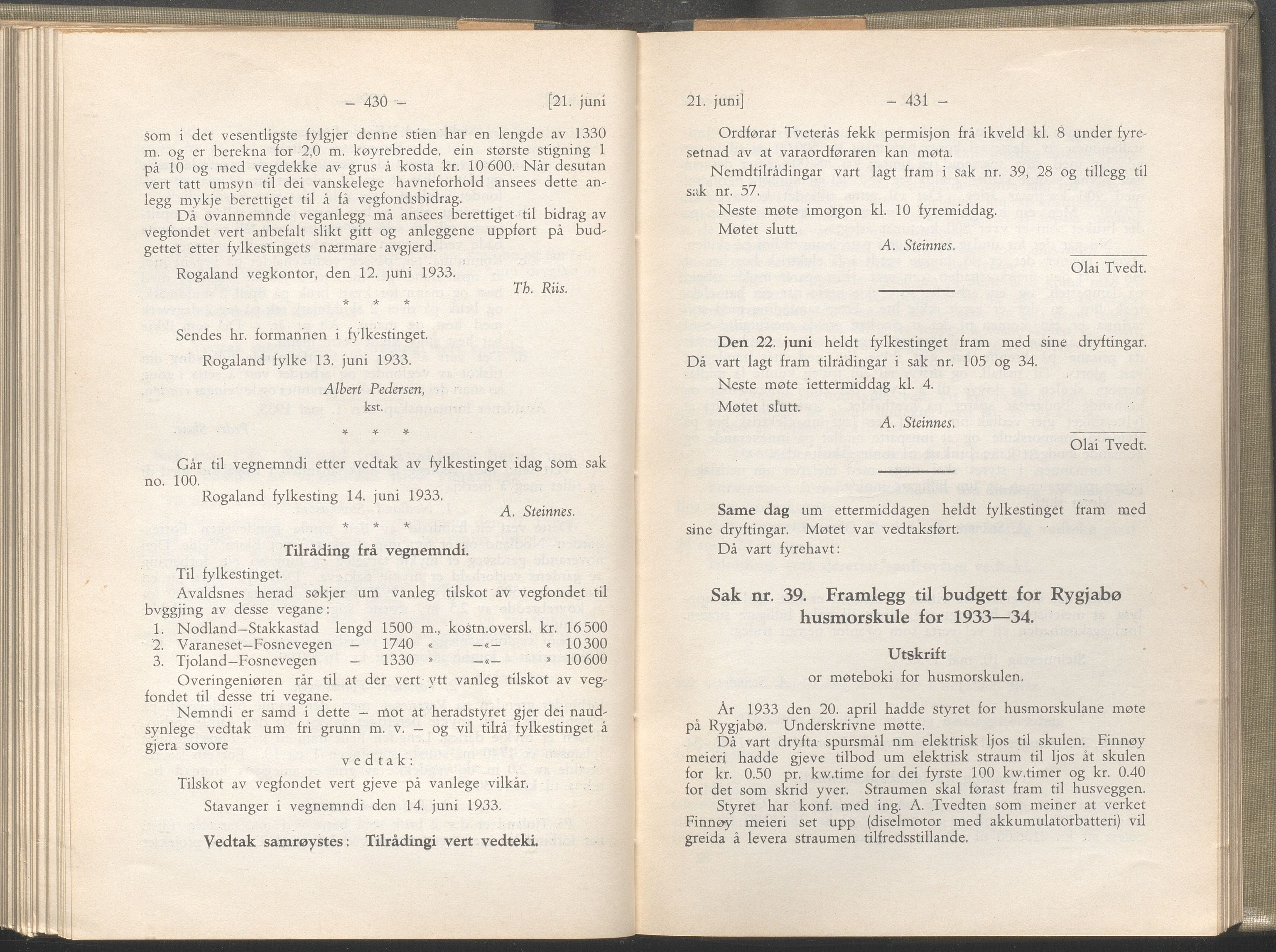 Rogaland fylkeskommune - Fylkesrådmannen , IKAR/A-900/A/Aa/Aaa/L0052: Møtebok , 1933, p. 430-431