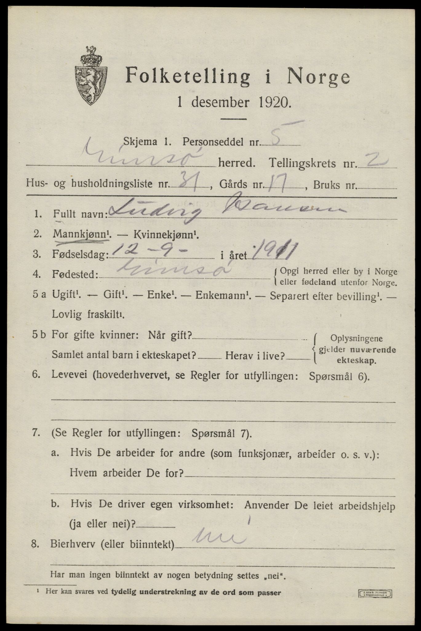 SAT, 1920 census for Gimsøy, 1920, p. 1643