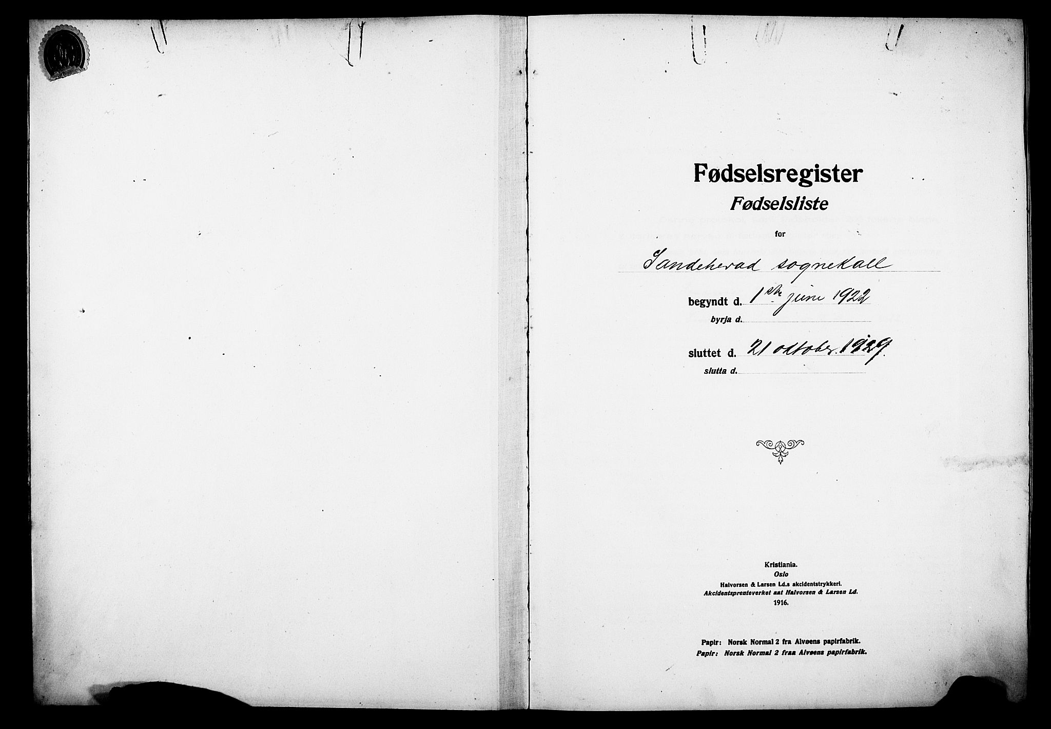 Sandar kirkebøker, AV/SAKO-A-243/J/Ja/L0002: Birth register no. 2, 1922-1929