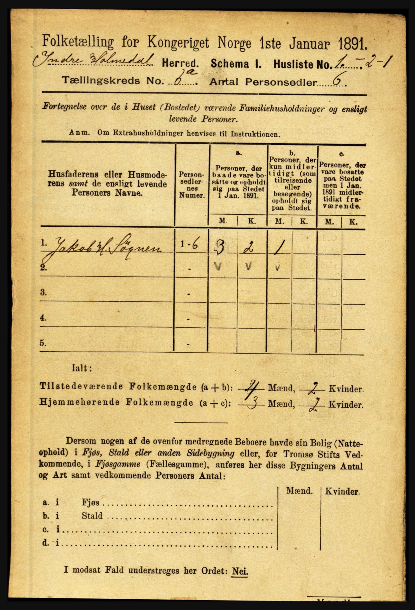 RA, 1891 census for 1430 Indre Holmedal, 1891, p. 2394