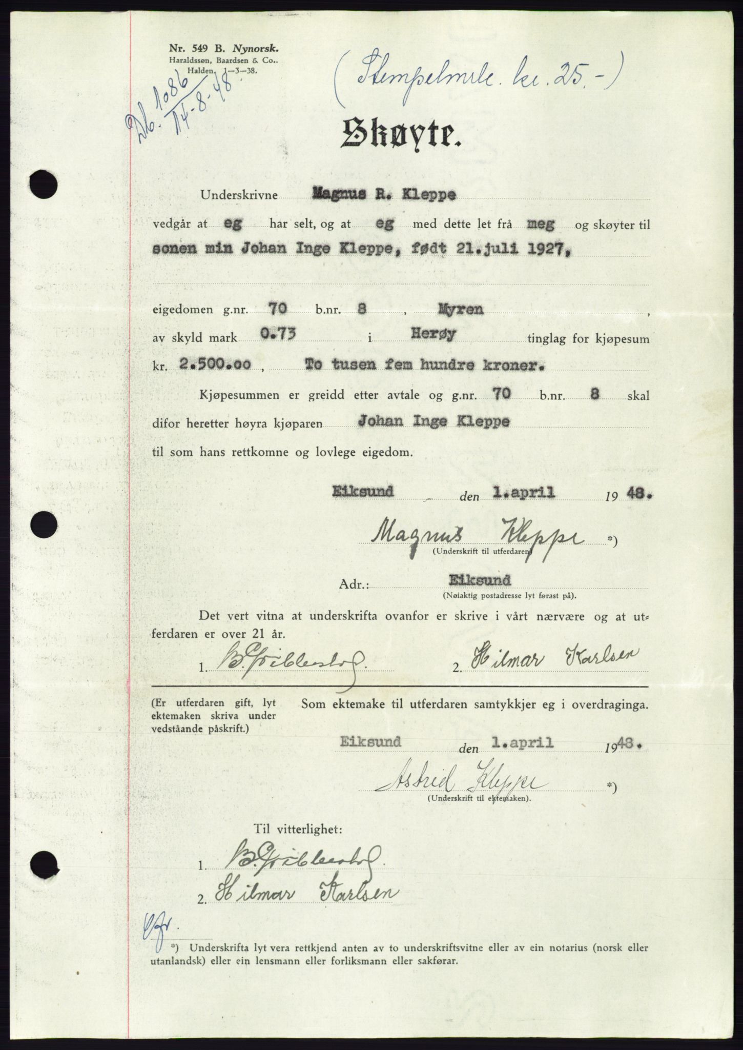 Søre Sunnmøre sorenskriveri, AV/SAT-A-4122/1/2/2C/L0082: Mortgage book no. 8A, 1948-1948, Diary no: : 1086/1948