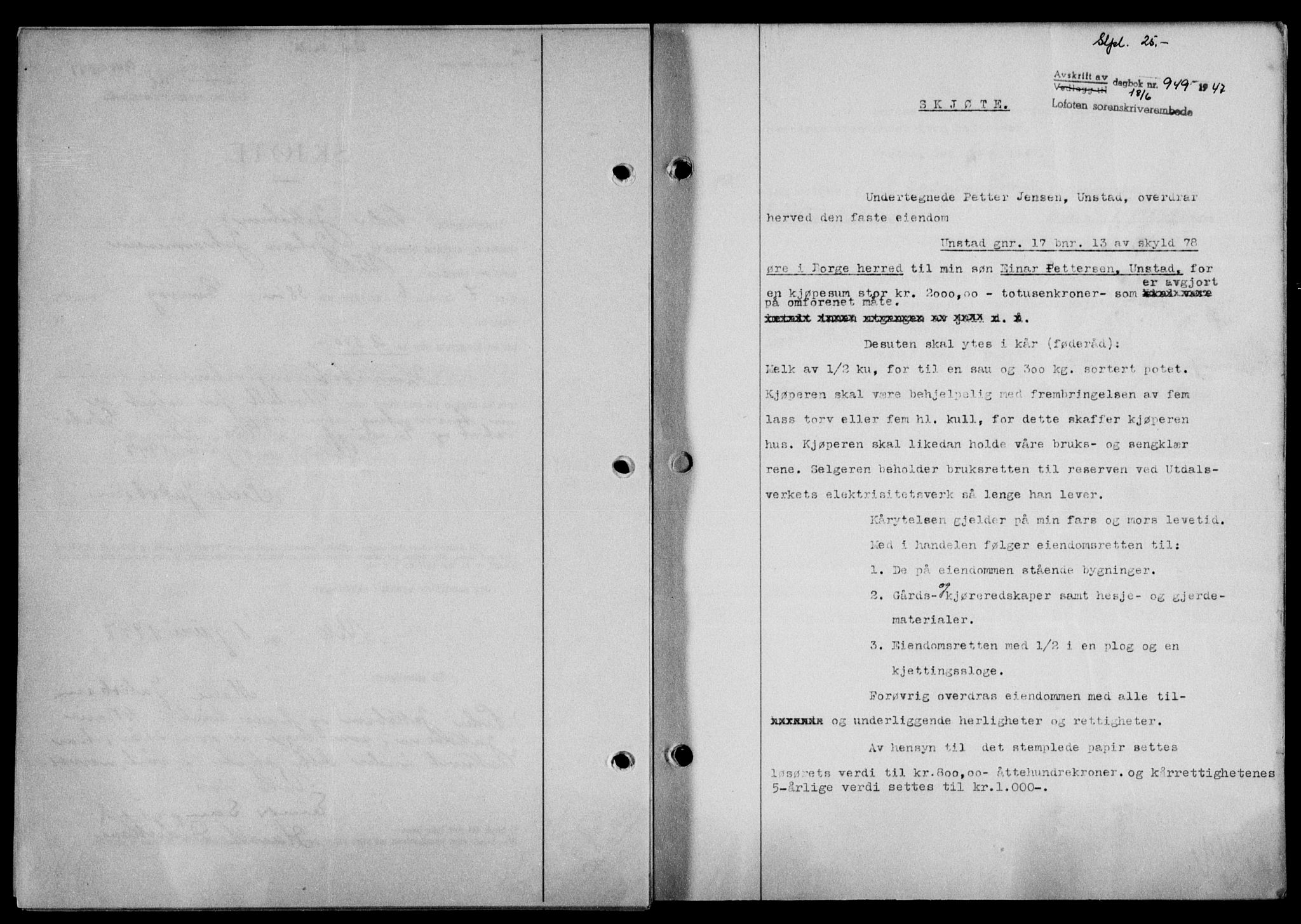 Lofoten sorenskriveri, SAT/A-0017/1/2/2C/L0016a: Mortgage book no. 16a, 1947-1947, Diary no: : 949/1947