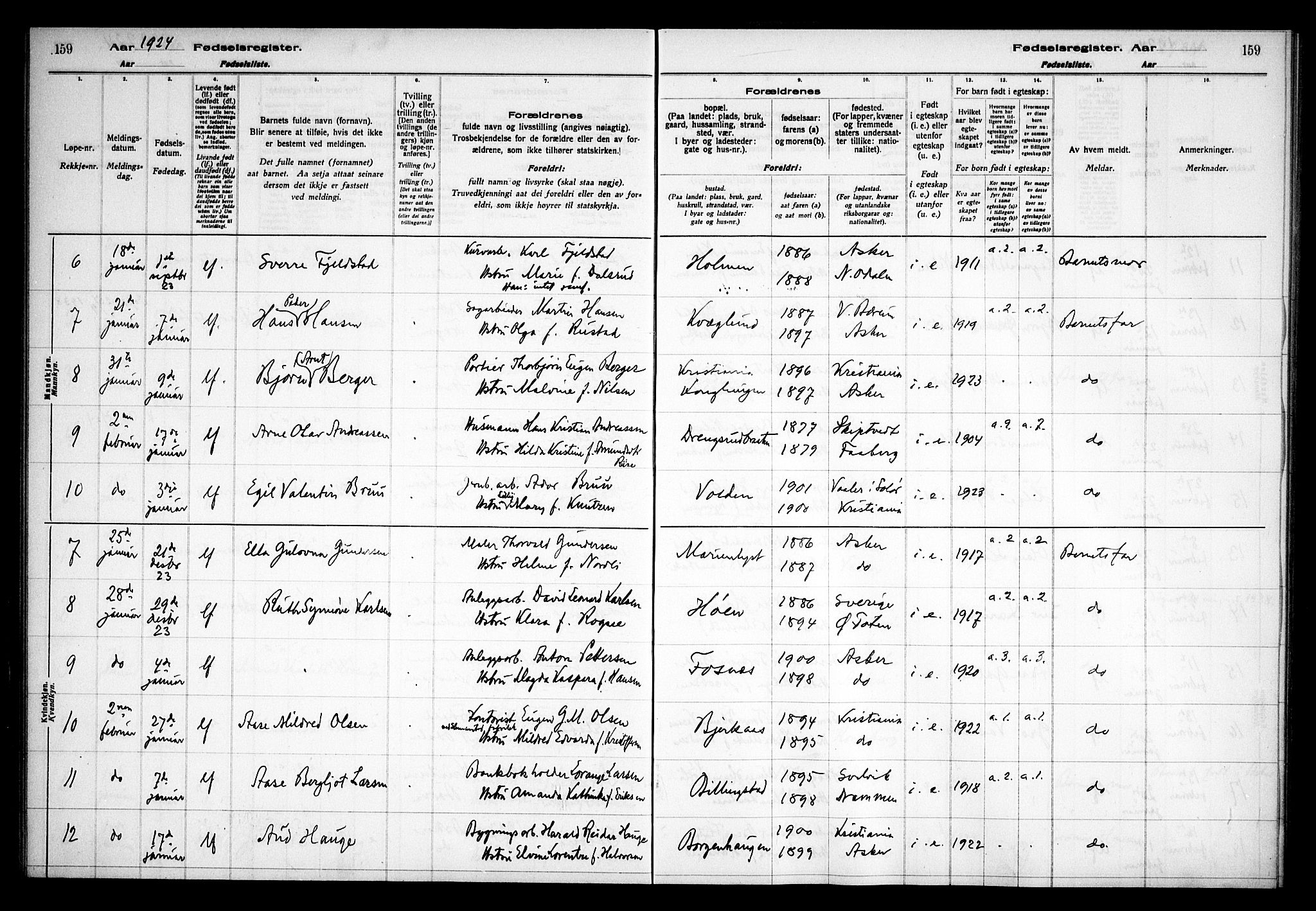 Asker prestekontor Kirkebøker, SAO/A-10256a/J/L0001: Birth register no. 1, 1916-1925, p. 159