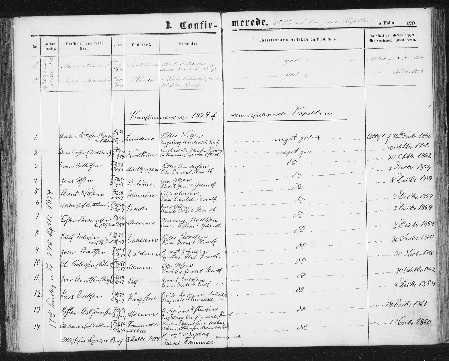 Ministerialprotokoller, klokkerbøker og fødselsregistre - Sør-Trøndelag, SAT/A-1456/692/L1104: Parish register (official) no. 692A04, 1862-1878, p. 120