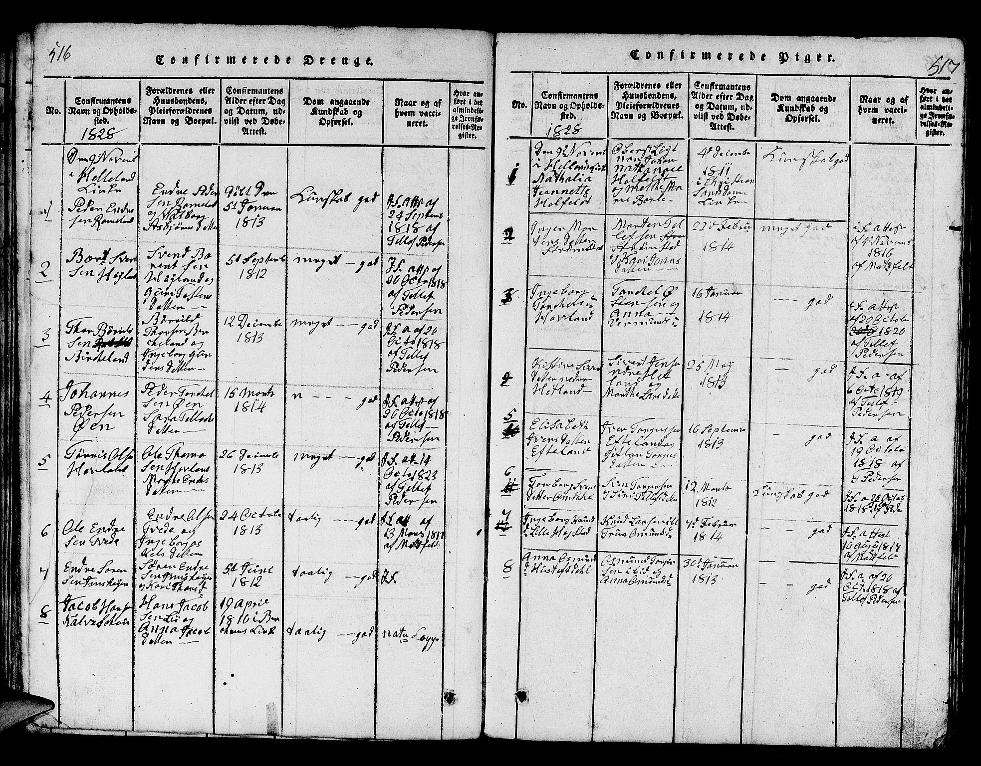 Helleland sokneprestkontor, SAST/A-101810: Parish register (copy) no. B 1, 1815-1841, p. 516-517