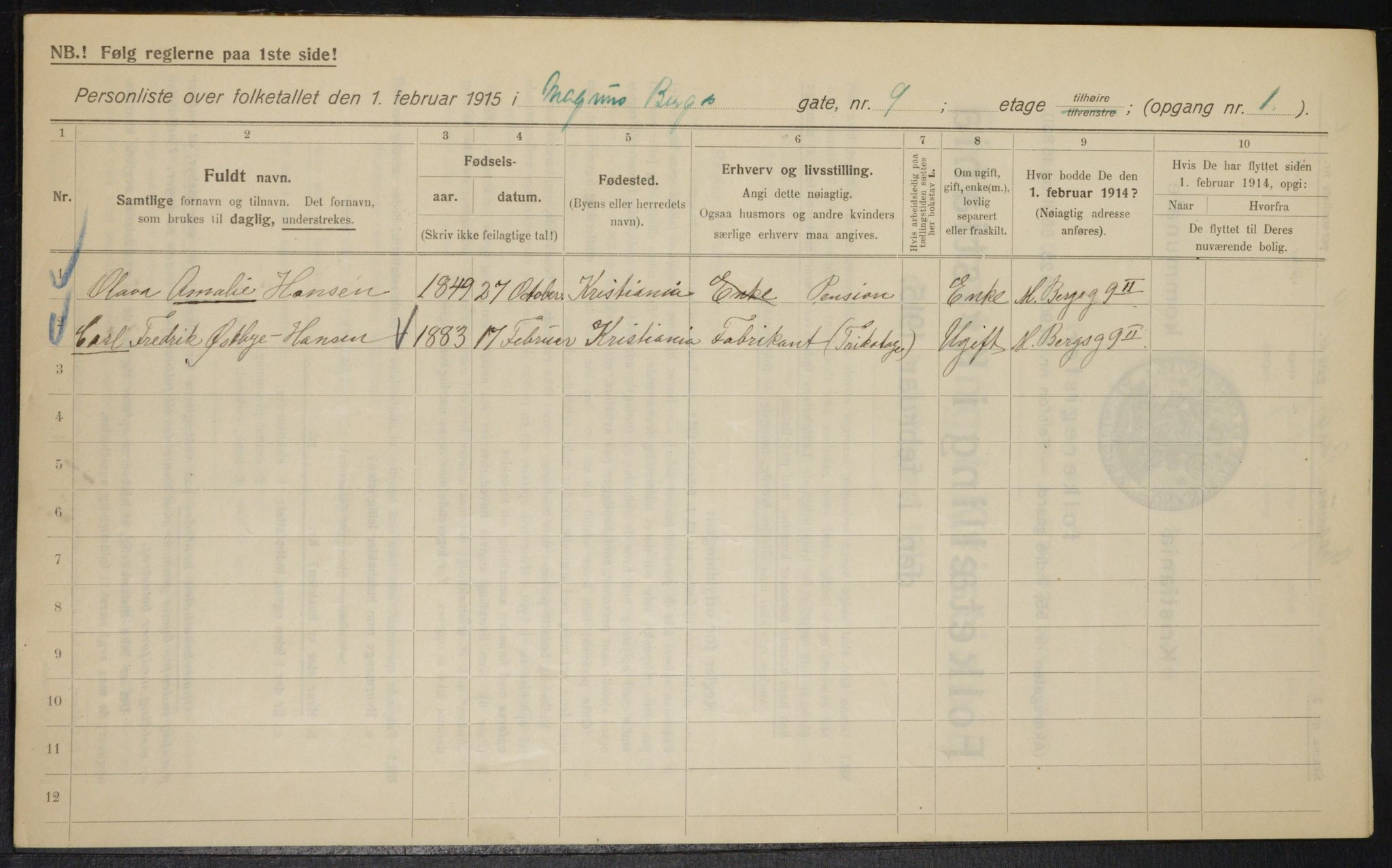 OBA, Municipal Census 1915 for Kristiania, 1915, p. 58600