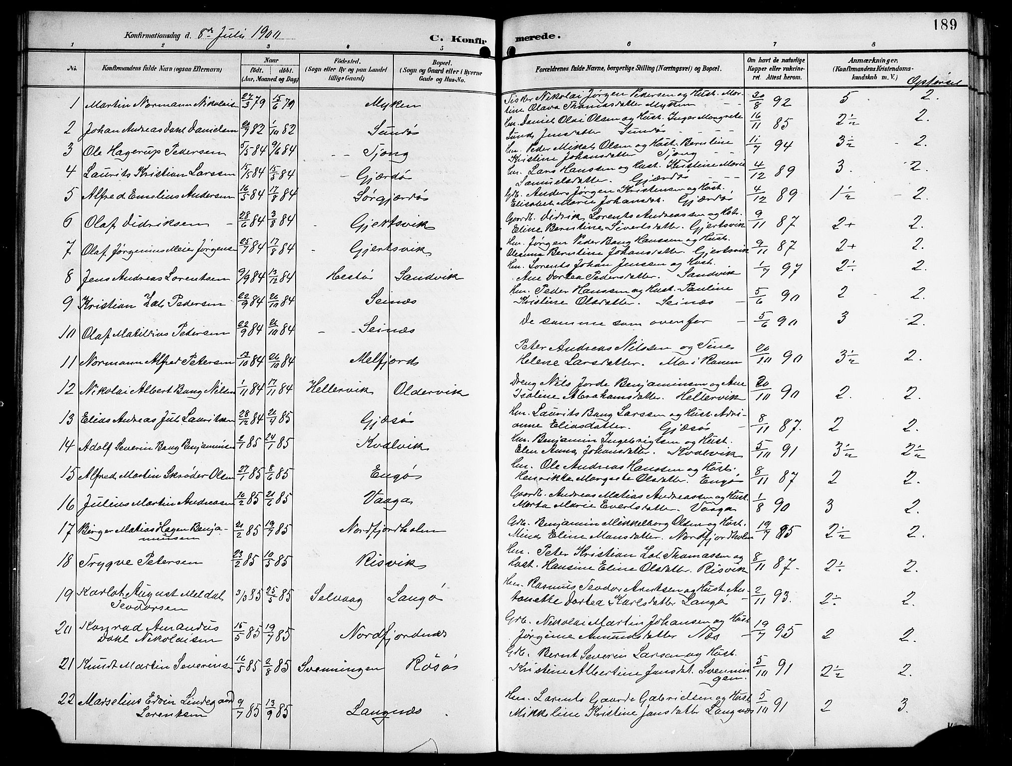 Ministerialprotokoller, klokkerbøker og fødselsregistre - Nordland, AV/SAT-A-1459/841/L0621: Parish register (copy) no. 841C05, 1897-1923, p. 189