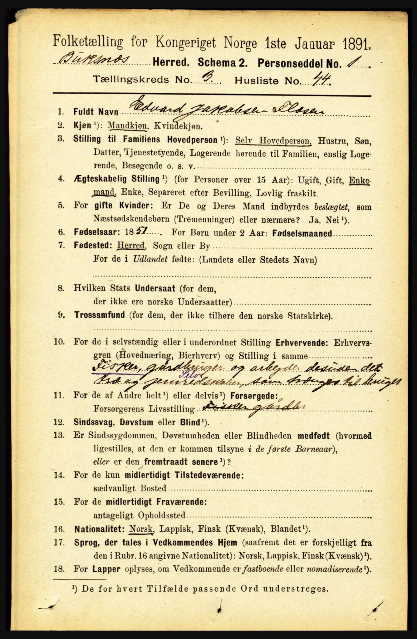 RA, 1891 census for 1860 Buksnes, 1891, p. 2478