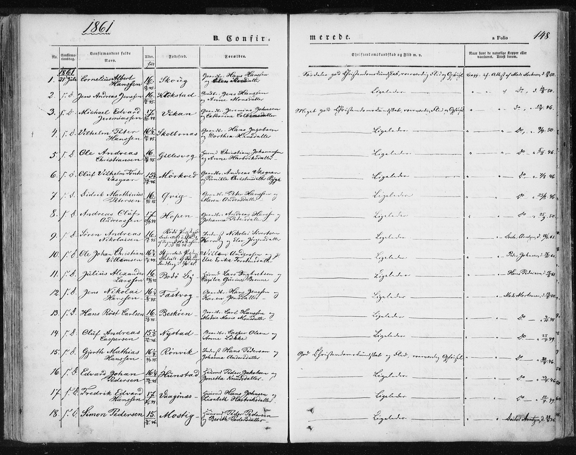 Ministerialprotokoller, klokkerbøker og fødselsregistre - Nordland, AV/SAT-A-1459/801/L0007: Parish register (official) no. 801A07, 1845-1863, p. 148