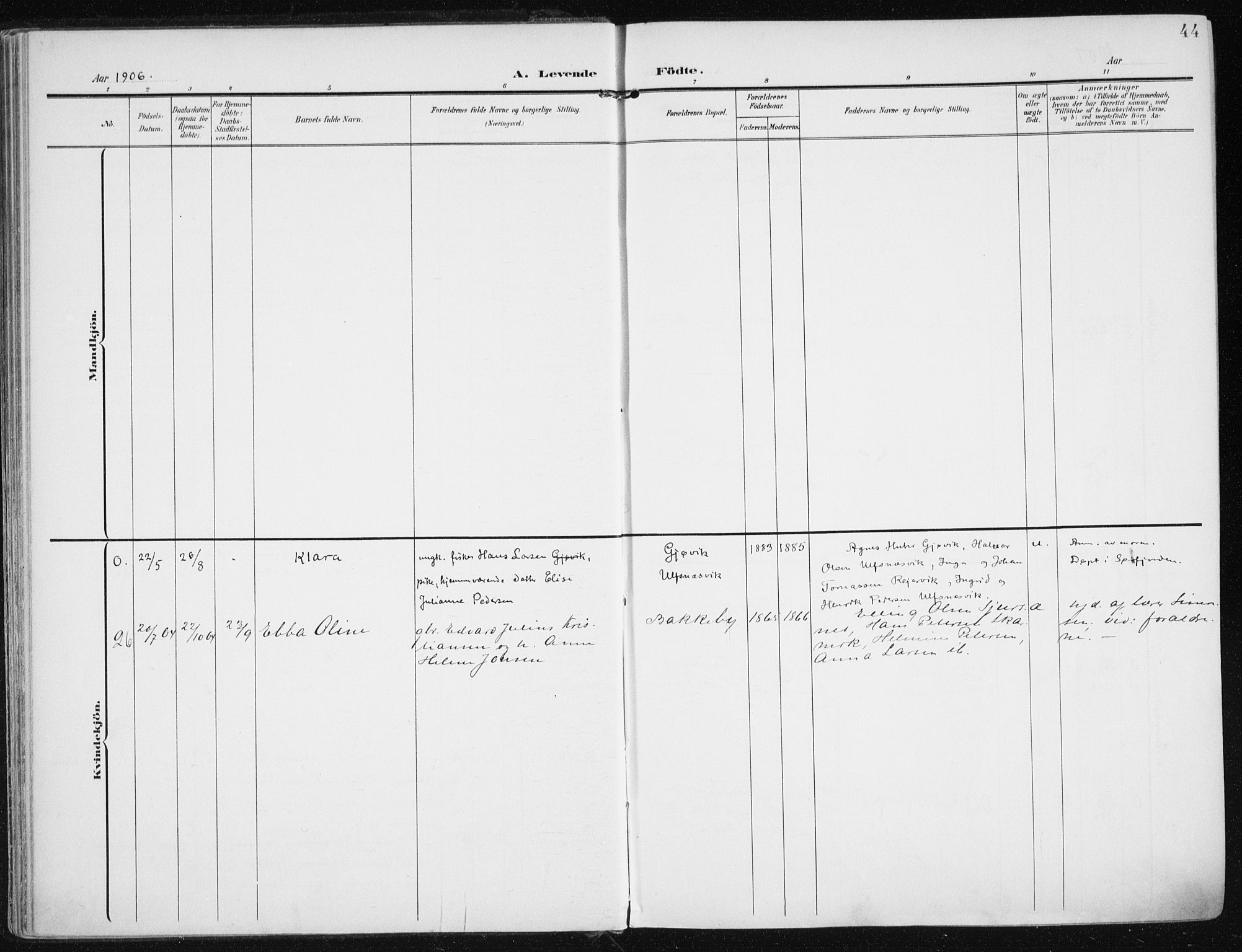 Karlsøy sokneprestembete, AV/SATØ-S-1299/H/Ha/Haa/L0014kirke: Parish register (official) no. 14, 1903-1917, p. 44